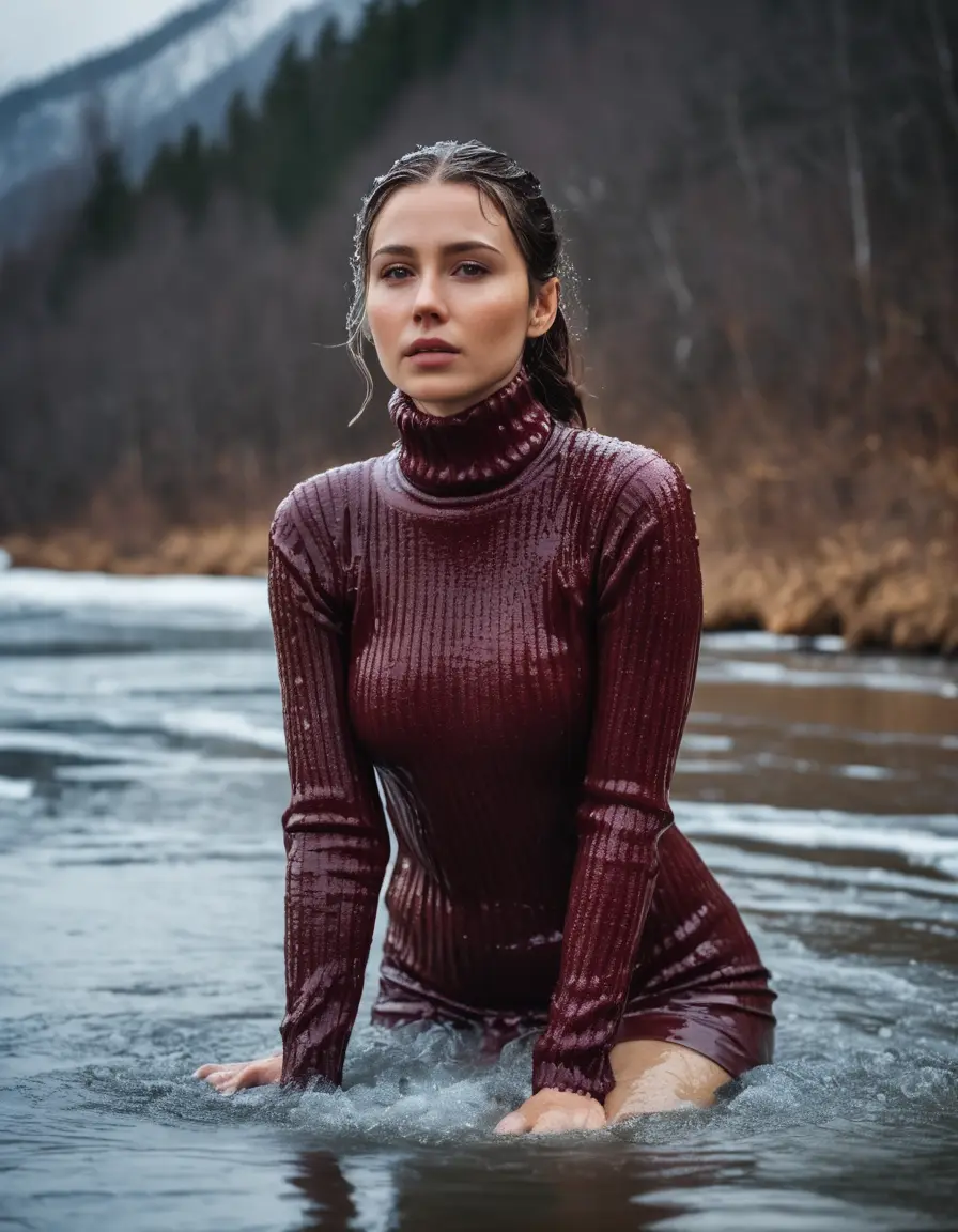 photo of young woman, in soaking wet, drenched clothes,
, , Form-fitted cozy ribbed burgundy turtleneck sweater , Icy river , 
enjoying, wet clothes stuck to body,
detailed textures of the wet clothes, wet face, wet plastered hair,
wet, drenched, professional, high-quality details, full body view.
sharp focus, ultra-high pixel detail, realistic, high-quality, full colors, incredibly detailed, 4k, 8k, 16k, hyper-realistic, RAW photo, masterpiece, ultra-detailed, professionally color graded, professional photograph, Eastern European woman, crossing a chest-deep partially frozen river, gasping from the shivers and pain of the cold water.