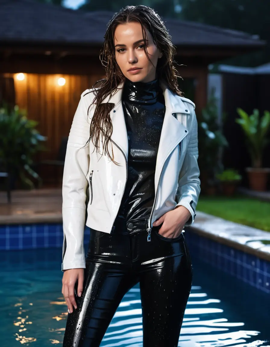 photo of young woman, in soaking wet, drenched clothes,
tight leather boots, skin tight white leather jeans, slim fit white biker leather jacket, tight black latex turtleneck sweater,, walking into a backyard pool, heavy rain, night, 
enjoying, wet clothes stuck to body,
detailed textures of the wet clothes, wet face, wet plastered hair,
wet, drenched, professional, high-quality details, full body view.
sharp focus, ultra-high pixel detail, realistic, high-quality, full colors, incredibly detailed, 4k, 8k, 16k, hyper-realistic, RAW photo, masterpiece, ultra-detailed, professionally color graded, professional photograph, white woman, long dripping wet brown hair
