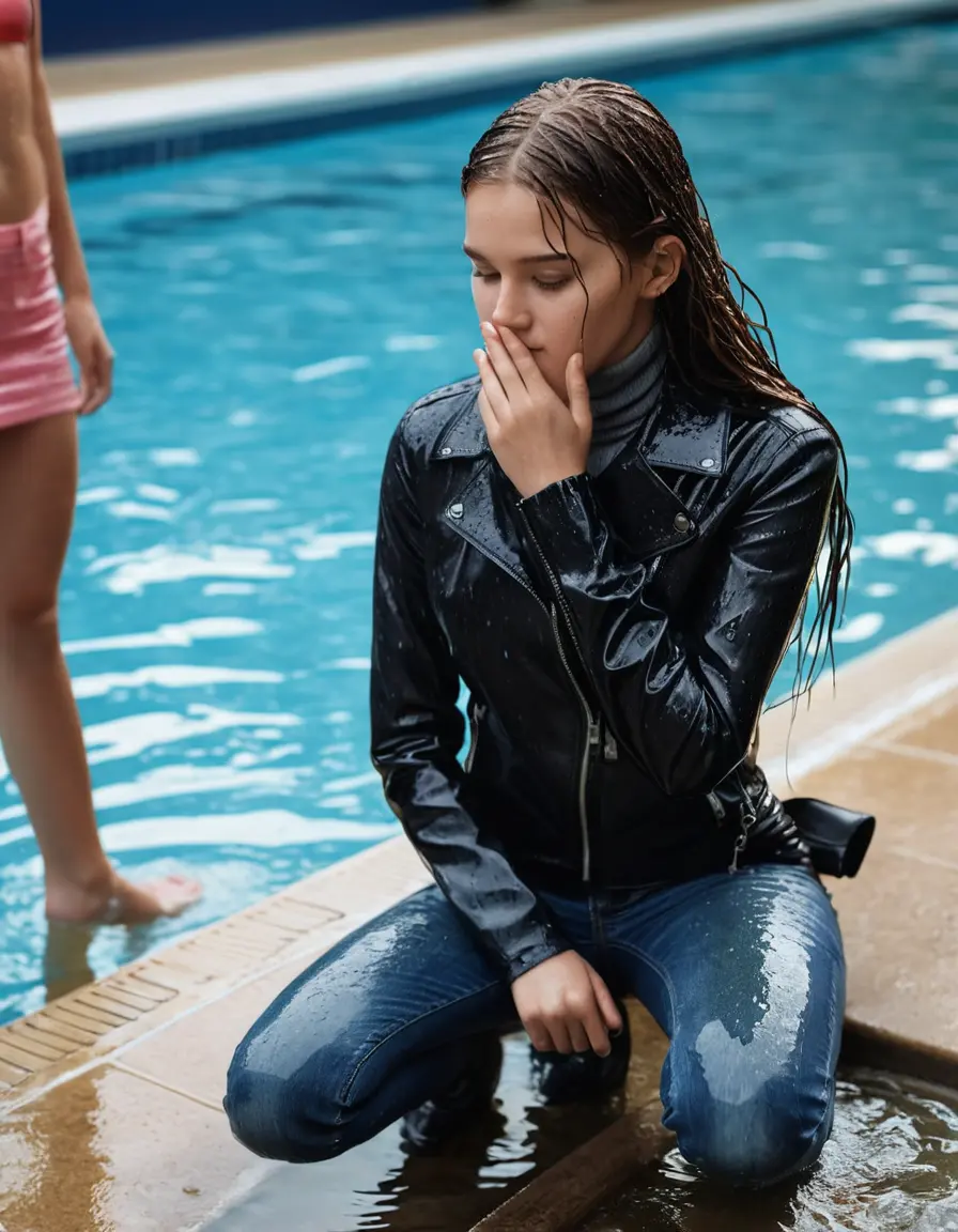 photo of young woman, in soaking wet, drenched clothes,
ankle boots, super skin tight denim jeans, slim fit black biker leatherjacket, tight grey knit turtleneck sweater, handbag , Eighteen years old horny blonde teenage girl with her friends holds her hand over her mouth and nose walks deep the water half submerged from the pool stairs at the edge of the swimming pool, 
enjoying, wet clothes stuck to body,
detailed textures of the wet clothes, wet face, wet plastered hair,
wet, drenched, professional, high-quality details, full body view.
sharp focus, ultra-high pixel detail, realistic, high-quality, full colors, incredibly detailed, 4k, 8k, 16k, hyper-realistic, RAW photo, masterpiece, ultra-detailed, professionally color graded, professional photograph, Eighteen years old, completely soaked, completely dripping wet from head to toe, very wet clothes, sleek long straight hair, worried and embarrassed facial expression, slight yawn, moaning,  all girls wear different styles of clothes, she take a handbag with her into the water, a lot of people stands in the background, close-up, view from above, highly realistic representation, ultra sharp focus, highly photorealistic detailed facial features and expressions, highly photorealistic hands, highly best quality, highly sharp photorealistic image, highly photorealistic details, highest photorealistic wet clothes, full UHD resolution, highest photorealistic sharpness of the image, 32 K