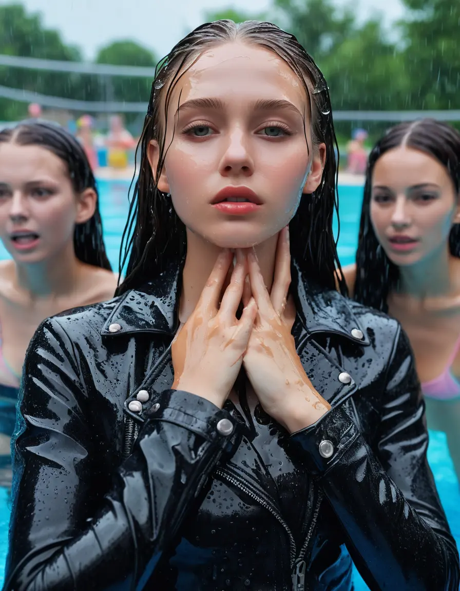 photo of young woman, in soaking wet, drenched clothes,
bare , super skin tight denim jeans, slim fit black biker leatherjacket, tight grey knit turtleneck sweater, handbag , fifteen years old horny blonde teenage girl with her girlfriend holds her hand over her mouth and nose lies completely submerged in pool partly underwater up to the neck at party in a crowded waterpark, completely wet from the rain, open mouth, big eyes, 
enjoying, wet clothes stuck to body,
detailed textures of the wet clothes, wet face, wet plastered hair,
wet, drenched, professional, high-quality details, full body view.
sharp focus, ultra-high pixel detail, realistic, high-quality, full colors, incredibly detailed, 4k, 8k, 16k, hyper-realistic, RAW photo, masterpiece, ultra-detailed, professionally color graded, professional photograph, fifteen years old, completely soaked, completely dripping wet from head to toe, very wet clothes, sleek long straight hair, sleek pigtails, worried and embarrassed facial expression, slight yawn, moaning,  all girls wear different styles of clothes, she take a handbag with her into the water, a lot of people stands in the background, close-up, view from above, highly realistic representation, ultra sharp focus, highly photorealistic detailed facial features and expressions, highly photorealistic hands, highly best quality, highly sharp photorealistic image, highly photorealistic details, highest photorealistic wet clothes, full UHD resolution, highest photorealistic sharpness of the image, 32 K