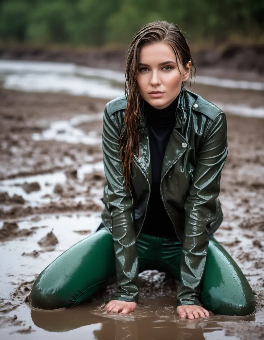 photo of young woman, in soaking wet, drenched clothes,
tight leather boots, skin green white leather jeans, slim fit green biker leather jacket, tight black latex turtleneck sweater,, lying in a mud puddle, covered in mud, 
enjoying, wet clothes stuck to body,
detailed textures of the wet clothes, wet face, wet plastered hair,
wet, drenched, professional, high-quality details, full body view.
sharp focus, ultra-high pixel detail, realistic, high-quality, full colors, incredibly detailed, 4k, 8k, 16k, hyper-realistic, RAW photo, masterpiece, ultra-detailed, professionally color graded, professional photograph, white woman, long dripping wet brown hair