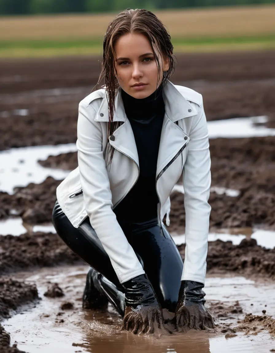 photo of young woman, in soaking wet, drenched clothes,
tight leather boots, skin tight white leather jeans, slim fit white biker leather jacket, tight black latex turtleneck sweater,, Standing in a mud puddle with mud face, 
enjoying, wet clothes stuck to body,
detailed textures of the wet clothes, wet face, wet plastered hair,
wet, drenched, professional, high-quality details, full body view.
sharp focus, ultra-high pixel detail, realistic, high-quality, full colors, incredibly detailed, 4k, 8k, 16k, hyper-realistic, RAW photo, masterpiece, ultra-detailed, professionally color graded, professional photograph, white woman, long dripping wet brown hair