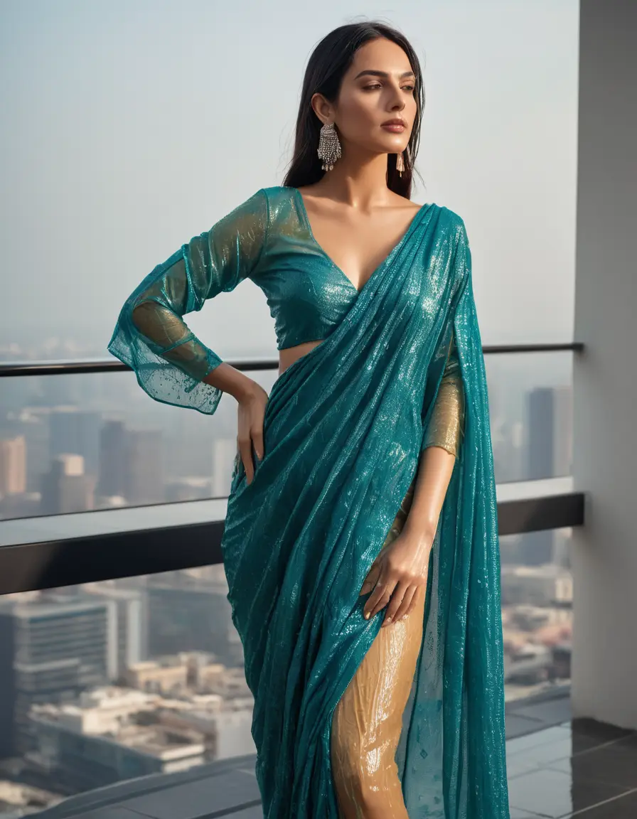 photo of young woman, in soaking wet, drenched clothes,
Stilletto heels, Saree,    Saree skin tight , full sleeve, Luxury pent house, womens , 
enjoying, wet clothes stuck to body,
detailed textures of the wet clothes, wet face, wet plastered hair,
wet, drenched, professional, high-quality details, full body view.
sharp focus, ultra-high pixel detail, realistic, high-quality, full colors, incredibly detailed, 4k, 8k, 16k, hyper-realistic, RAW photo, masterpiece, ultra-detailed, professionally color graded, professional photograph, Straight open  wavy hairstyle , ,  wrist watch, 