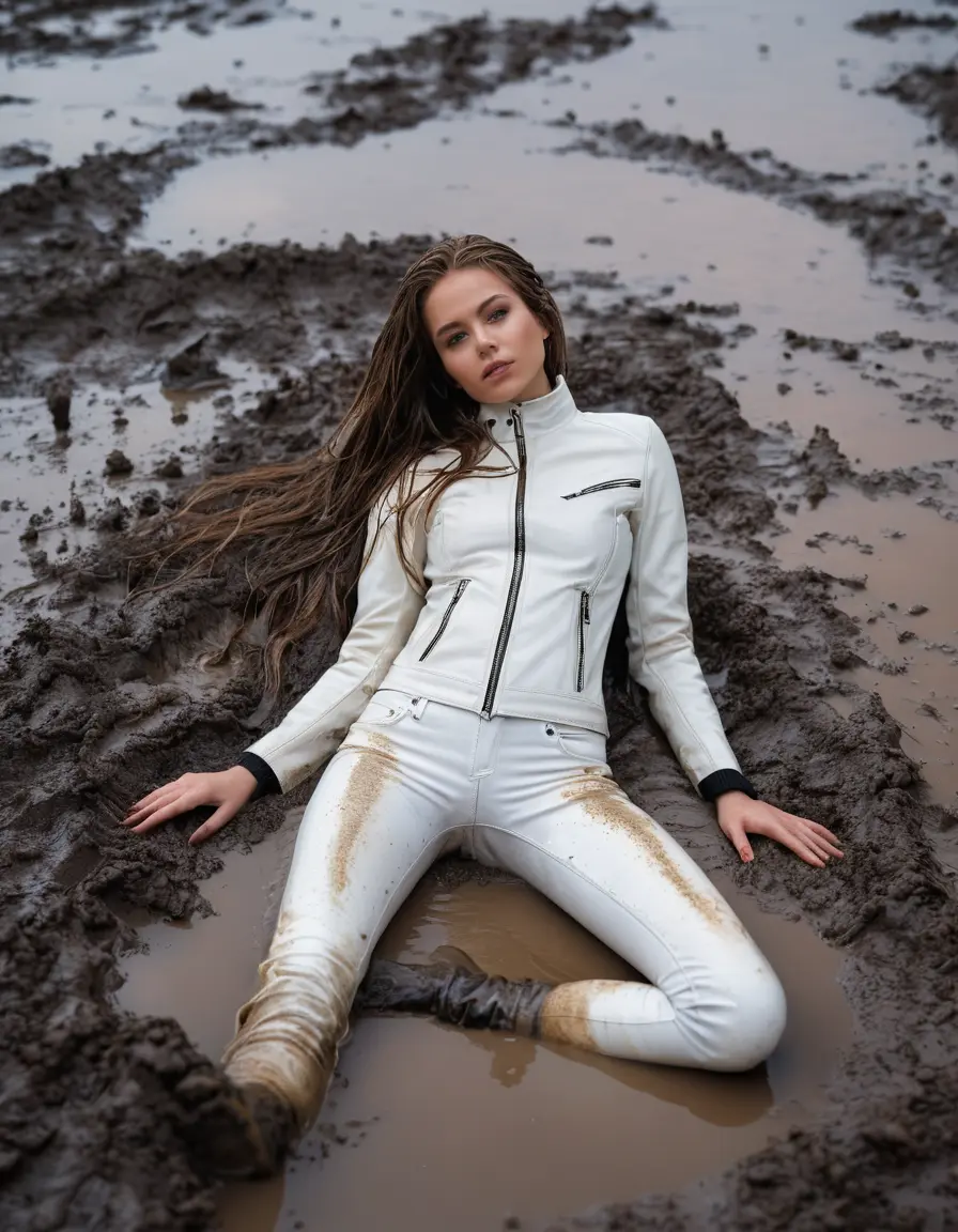 photo of young woman, in soaking wet, drenched clothes,
tight leather boots, skin tight white leather jeans, slim fit white biker leather jacket, tight black latex turtleneck sweater,, lying in a mud puddle with mud face, 
enjoying, wet clothes stuck to body,
detailed textures of the wet clothes, wet face, wet plastered hair,
wet, drenched, professional, high-quality details, full body view.
sharp focus, ultra-high pixel detail, realistic, high-quality, full colors, incredibly detailed, 4k, 8k, 16k, hyper-realistic, RAW photo, masterpiece, ultra-detailed, professionally color graded, professional photograph, white woman, long dripping wet brown hair