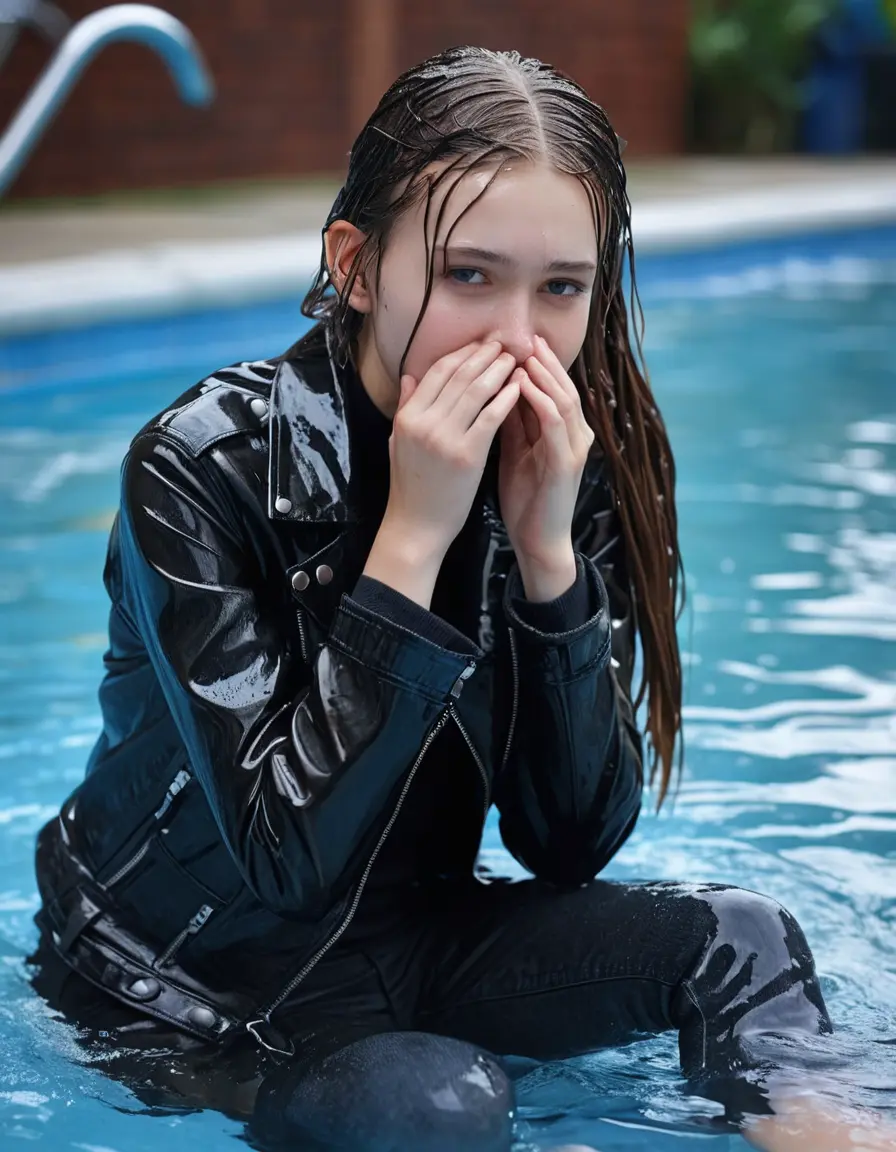 photo of young woman, in soaking wet, drenched clothes,
ankle boots , super skin tight denim jeans, slim fit black biker leatherjacket, tight grey knit turtleneck sweater, handbag , fifteen years old horny blonde teenage girl with her girlfriend holds her hand over her mouth and nose lies completely submerged in pool partly underwater up to the neck at party in a crowded waterpark, completely wet from the rain, open mouth, big eyes, 
enjoying, wet clothes stuck to body,
detailed textures of the wet clothes, wet face, wet plastered hair,
wet, drenched, professional, high-quality details, full body view.
sharp focus, ultra-high pixel detail, realistic, high-quality, full colors, incredibly detailed, 4k, 8k, 16k, hyper-realistic, RAW photo, masterpiece, ultra-detailed, professionally color graded, professional photograph, fifteen years old, completely soaked, completely dripping wet from head to toe, very wet clothes, sleek long straight hair, sleek pigtails, worried and embarrassed facial expression, slight yawn, moaning,  all girls wear different styles of clothes, take a handbag into the water, a lot of people stands in the background, close-up, view from above, highly realistic representation, ultra sharp focus, highly photorealistic detailed facial features and expressions, highly photorealistic hands, highly best quality, highly sharp photorealistic image, highly photorealistic details, highest photorealistic wet clothes, full UHD resolution, highest photorealistic sharpness of the image, 32 K
