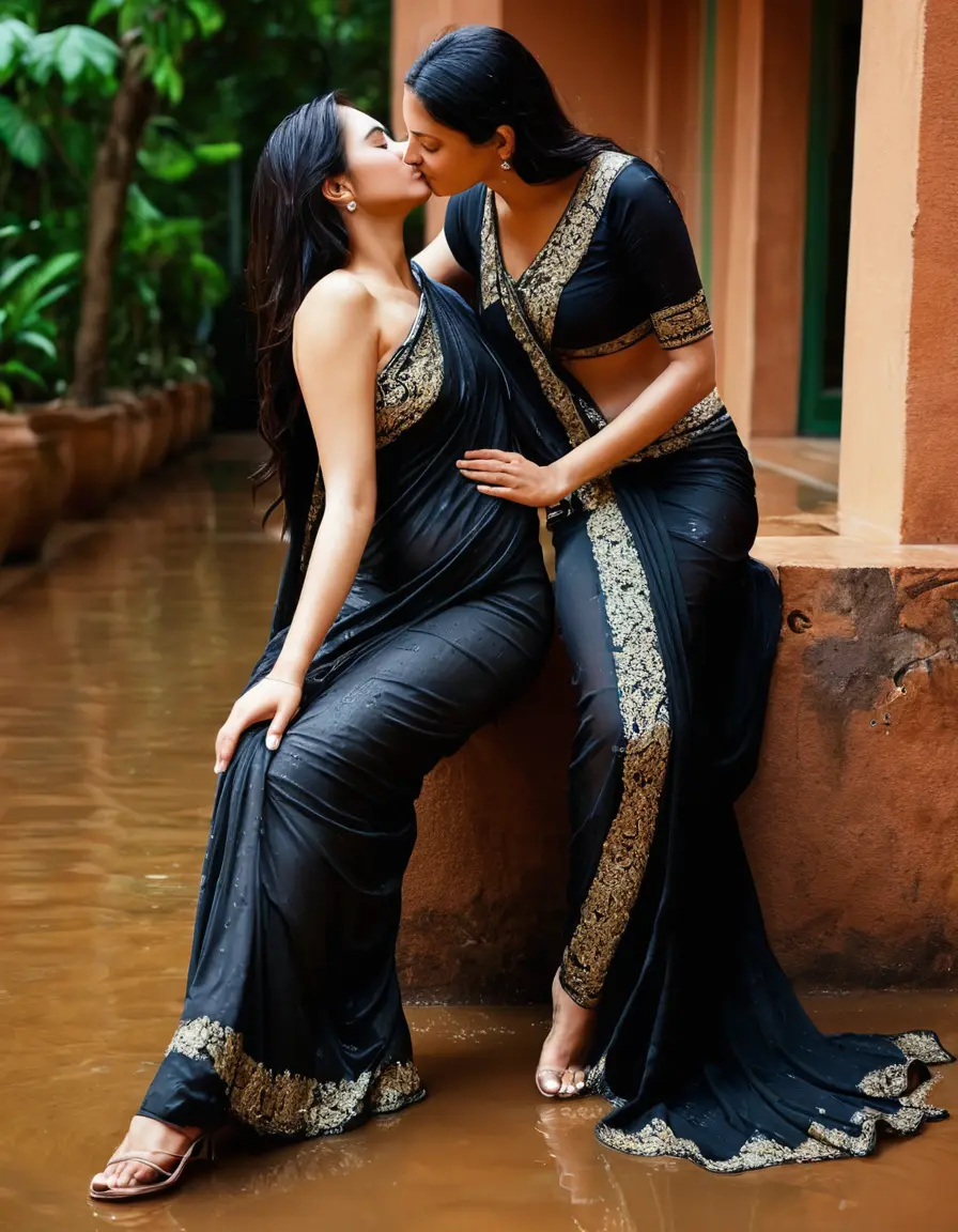 photo of young woman, in soaking wet, drenched clothes,
Stilletto heels, Silk pants, Embroidery,  long black Saree skin tight , Pub , kissing another women , 
enjoying, wet clothes stuck to body,
detailed textures of the wet clothes, wet face, wet plastered hair,
wet, drenched, professional, high-quality details, full body view.
sharp focus, ultra-high pixel detail, realistic, high-quality, full colors, incredibly detailed, 4k, 8k, 16k, hyper-realistic, RAW photo, masterpiece, ultra-detailed, professionally color graded, professional photograph, Straight open  wavy hairstyle , , pear shaped body,  wrist watch, thin necklace t ,  , no make up, 