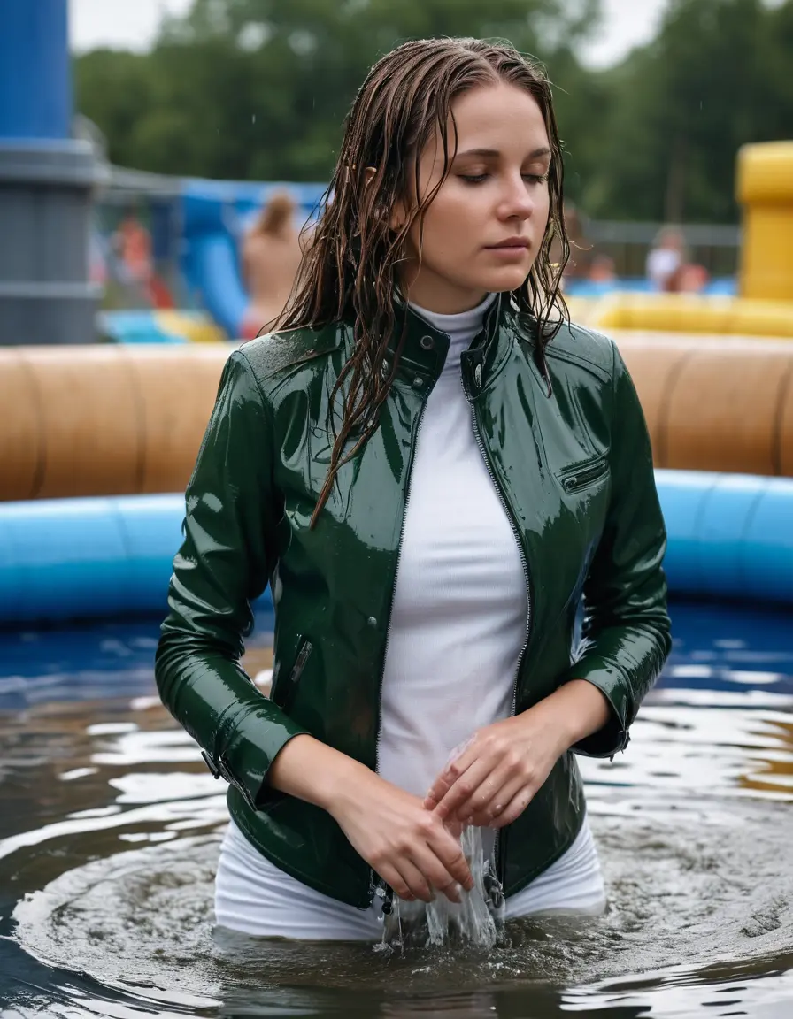 photo of young woman, in soaking wet, drenched clothes,
tight leather boots, skin green white leather jeans, slim fit green biker leather jacket, tight black latex turtleneck sweater,, being baptised in a waterpark, 
enjoying, wet clothes stuck to body,
detailed textures of the wet clothes, wet face, wet plastered hair,
wet, drenched, professional, high-quality details, full body view.
sharp focus, ultra-high pixel detail, realistic, high-quality, full colors, incredibly detailed, 4k, 8k, 16k, hyper-realistic, RAW photo, masterpiece, ultra-detailed, professionally color graded, professional photograph, white woman, long dripping wet brown hair