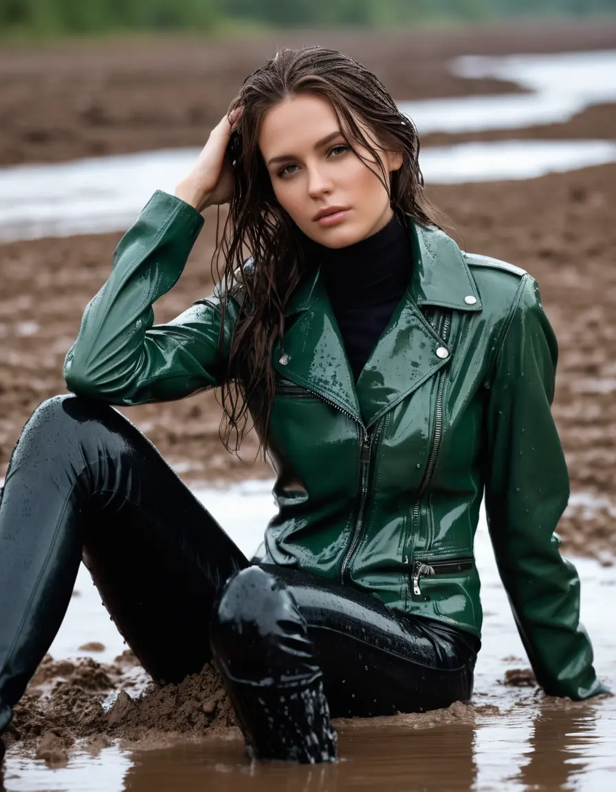 photo of young woman, in soaking wet, drenched clothes,
tight leather boots, skin tight black leather jeans, slim fit green biker leatherjacket, tight light black latex turtleneck sweater,, lying on mud in heavy rain, 
enjoying, wet clothes stuck to body,
detailed textures of the wet clothes, wet face, wet plastered hair,
wet, drenched, professional, high-quality details, full body view.
sharp focus, ultra-high pixel detail, realistic, high-quality, full colors, incredibly detailed, 4k, 8k, 16k, hyper-realistic, RAW photo, masterpiece, ultra-detailed, professionally color graded, professional photograph, white woman, long dripping wet brown hair