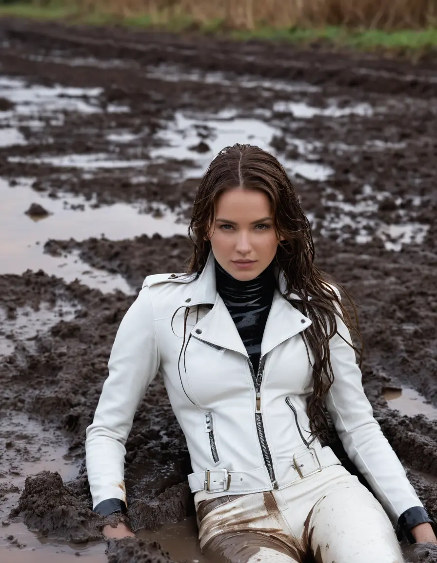 photo of young woman, in soaking wet, drenched clothes,
tight leather boots, skin tight white leather jeans, slim fit white biker leather jacket, tight black latex turtleneck sweater,, lying in a mud puddle with mud face, 
enjoying, wet clothes stuck to body,
detailed textures of the wet clothes, wet face, wet plastered hair,
wet, drenched, professional, high-quality details, full body view.
sharp focus, ultra-high pixel detail, realistic, high-quality, full colors, incredibly detailed, 4k, 8k, 16k, hyper-realistic, RAW photo, masterpiece, ultra-detailed, professionally color graded, professional photograph, white woman, long dripping wet brown hair