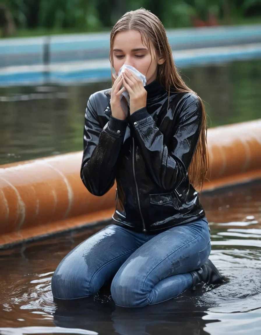 photo of young woman, in soaking wet, drenched clothes,
ankle boots, super skin tight denim jeans, slim fit black biker leatherjacket, tight grey knit turtleneck sweater, handbag , Eighteen years old horny blonde teenage girl with her friends holds her hand over her mouth and nose enter the water sitting half submerged on the edge of the swimming pool, 
enjoying, wet clothes stuck to body,
detailed textures of the wet clothes, wet face, wet plastered hair,
wet, drenched, professional, high-quality details, full body view.
sharp focus, ultra-high pixel detail, realistic, high-quality, full colors, incredibly detailed, 4k, 8k, 16k, hyper-realistic, RAW photo, masterpiece, ultra-detailed, professionally color graded, professional photograph, Eighteen years old, completely soaked, completely dripping wet from head to toe, very wet clothes, sleek long straight hair, worried and embarrassed facial expression, slight yawn, moaning,  all girls wear different styles of clothes, she take a handbag with her into the water, a lot of people stands in the background, close-up, view from above, highly realistic representation, ultra sharp focus, highly photorealistic detailed facial features and expressions, highly photorealistic hands, highly best quality, highly sharp photorealistic image, highly photorealistic details, highest photorealistic wet clothes, full UHD resolution, highest photorealistic sharpness of the image, 32 K