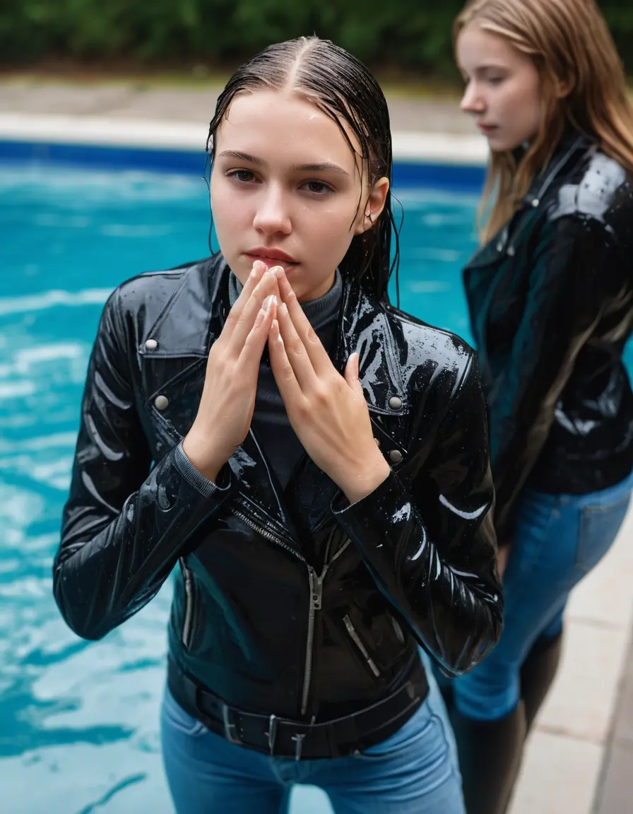 photo of young woman, in soaking wet, drenched clothes,
ankle boots, super skin tight denim jeans, slim fit black biker leatherjacket, tight grey knit turtleneck sweater, handbag , Eighteen years old horny blonde teenage girl with her friends holds her hand over her mouth and nose goes into the water half submerged at the edge of the swimming pool, 
enjoying, wet clothes stuck to body,
detailed textures of the wet clothes, wet face, wet plastered hair,
wet, drenched, professional, high-quality details, full body view.
sharp focus, ultra-high pixel detail, realistic, high-quality, full colors, incredibly detailed, 4k, 8k, 16k, hyper-realistic, RAW photo, masterpiece, ultra-detailed, professionally color graded, professional photograph, Eighteen years old, completely soaked, completely dripping wet from head to toe, very wet clothes, sleek long straight hair, worried and embarrassed facial expression, slight yawn, moaning,  all girls wear different styles of clothes, she take a handbag with her into the water, a lot of people stands in the background, close-up, view from above, highly realistic representation, ultra sharp focus, highly photorealistic detailed facial features and expressions, highly photorealistic hands, highly best quality, highly sharp photorealistic image, highly photorealistic details, highest photorealistic wet clothes, full UHD resolution, highest photorealistic sharpness of the image, 32 K