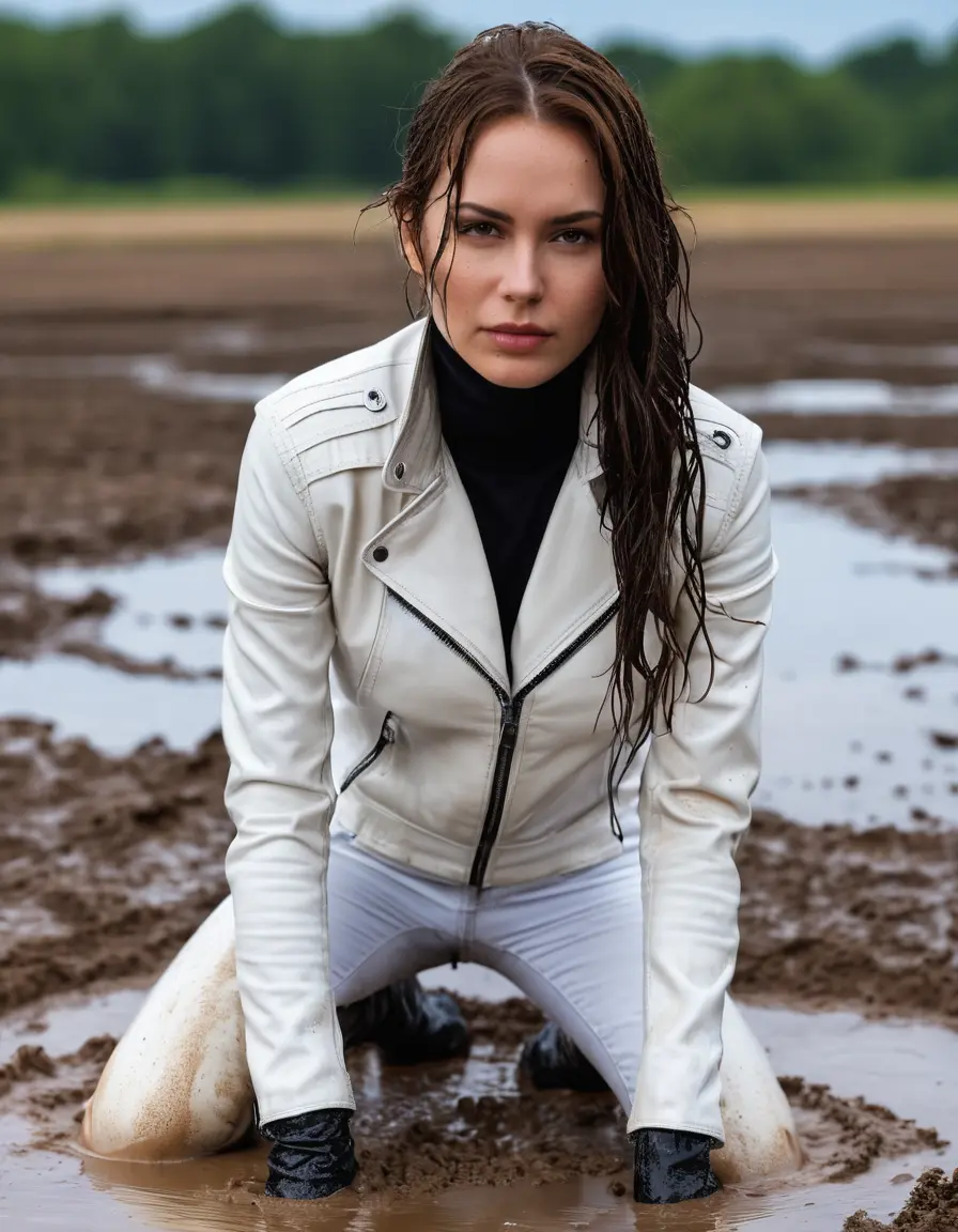 photo of young woman, in soaking wet, drenched clothes,
tight leather boots, skin tight white leather jeans, slim fit white biker leather jacket, tight black latex turtleneck sweater,, Standing in a mud puddle with mud face, 
enjoying, wet clothes stuck to body,
detailed textures of the wet clothes, wet face, wet plastered hair,
wet, drenched, professional, high-quality details, full body view.
sharp focus, ultra-high pixel detail, realistic, high-quality, full colors, incredibly detailed, 4k, 8k, 16k, hyper-realistic, RAW photo, masterpiece, ultra-detailed, professionally color graded, professional photograph, white woman, long dripping wet brown hair