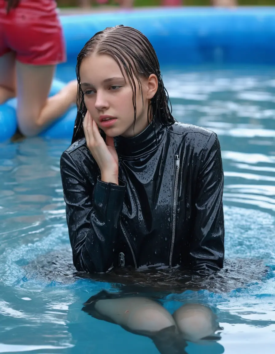 photo of young woman, in soaking wet, drenched clothes,
ankle boots , super skin tight denim jeans, slim fit black biker leatherjacket, tight grey knit turtleneck sweater, handbag , fifteen years old horny blonde teenage girl with her girlfriend holds her hand over her mouth and nose lies completely submerged in pool partly underwater up to the neck at party in a crowded waterpark, completely wet from the rain, open mouth, big eyes, 
enjoying, wet clothes stuck to body,
detailed textures of the wet clothes, wet face, wet plastered hair,
wet, drenched, professional, high-quality details, full body view.
sharp focus, ultra-high pixel detail, realistic, high-quality, full colors, incredibly detailed, 4k, 8k, 16k, hyper-realistic, RAW photo, masterpiece, ultra-detailed, professionally color graded, professional photograph, fifteen years old, completely soaked, completely dripping wet from head to toe, very wet clothes, sleek long straight hair, sleek pigtails, worried and embarrassed facial expression, slight yawn, moaning,  all girls wear different styles of clothes, take a handbag into the water, a lot of people stands in the background, close-up, view from above, highly realistic representation, ultra sharp focus, highly photorealistic detailed facial features and expressions, highly photorealistic hands, highly best quality, highly sharp photorealistic image, highly photorealistic details, highest photorealistic wet clothes, full UHD resolution, highest photorealistic sharpness of the image, 32 K
