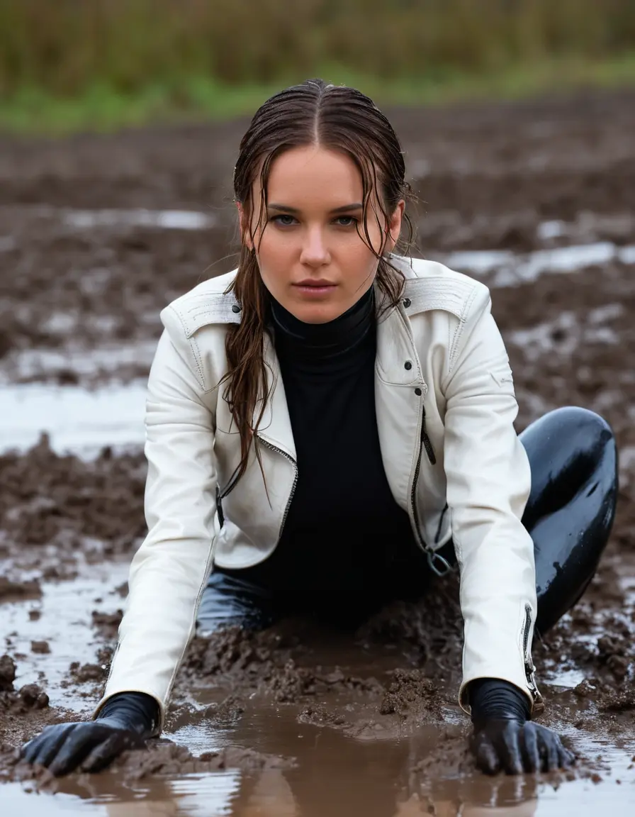 photo of young woman, in soaking wet, drenched clothes,
tight leather boots, skin tight white leather jeans, slim fit white biker leather jacket, tight black latex turtleneck sweater,, lying in a mud puddle, covered in mud, 
enjoying, wet clothes stuck to body,
detailed textures of the wet clothes, wet face, wet plastered hair,
wet, drenched, professional, high-quality details, full body view.
sharp focus, ultra-high pixel detail, realistic, high-quality, full colors, incredibly detailed, 4k, 8k, 16k, hyper-realistic, RAW photo, masterpiece, ultra-detailed, professionally color graded, professional photograph, white woman, long dripping wet brown hair