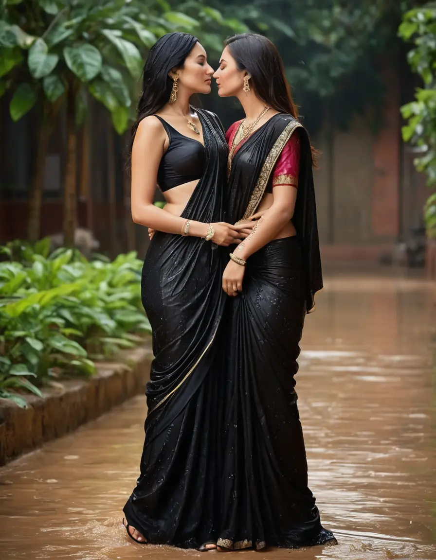photo of young woman, in soaking wet, drenched clothes,
Stilletto heels, Silk pants, Embroidery,  long black Saree skin tight , Pub , kissing another women , 
enjoying, wet clothes stuck to body,
detailed textures of the wet clothes, wet face, wet plastered hair,
wet, drenched, professional, high-quality details, full body view.
sharp focus, ultra-high pixel detail, realistic, high-quality, full colors, incredibly detailed, 4k, 8k, 16k, hyper-realistic, RAW photo, masterpiece, ultra-detailed, professionally color graded, professional photograph, Straight open  wavy hairstyle , , pear shaped body,  wrist watch, thin necklace t ,  , no make up, 
