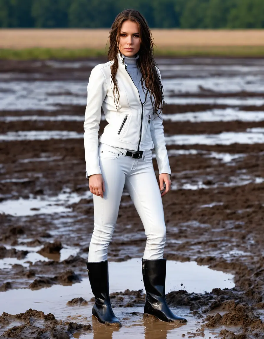 photo of young woman, in soaking wet, drenched clothes,
tight leather boots, skin tight white leather jeans, slim fit white biker leather jacket, tight black latex turtleneck sweater,, Standing in a mud puddle with mud face, 
enjoying, wet clothes stuck to body,
detailed textures of the wet clothes, wet face, wet plastered hair,
wet, drenched, professional, high-quality details, full body view.
sharp focus, ultra-high pixel detail, realistic, high-quality, full colors, incredibly detailed, 4k, 8k, 16k, hyper-realistic, RAW photo, masterpiece, ultra-detailed, professionally color graded, professional photograph, white woman, long dripping wet brown hair