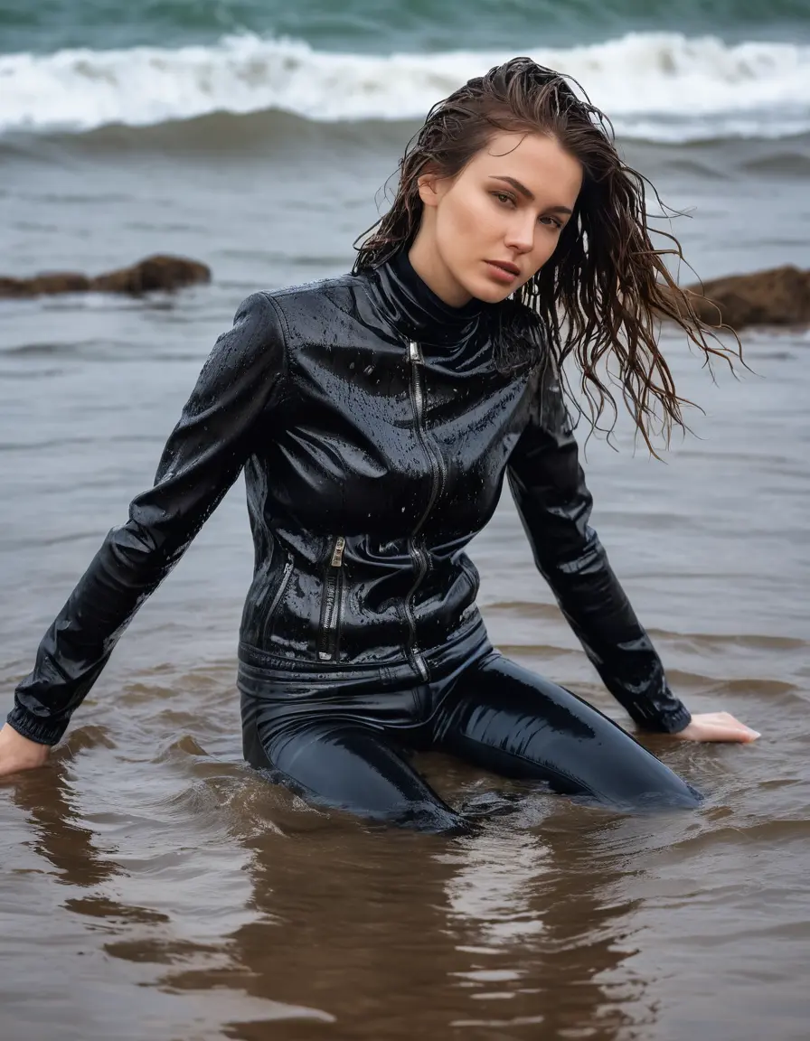 photo of young woman, in soaking wet, drenched clothes,
tight leather boots, skin tight black leather jeans, slim fit black biker leather jacket, tight black latex turtleneck sweater,, Swimming in sea, 
enjoying, wet clothes stuck to body,
detailed textures of the wet clothes, wet face, wet plastered hair,
wet, drenched, professional, high-quality details, full body view.
sharp focus, ultra-high pixel detail, realistic, high-quality, full colors, incredibly detailed, 4k, 8k, 16k, hyper-realistic, RAW photo, masterpiece, ultra-detailed, professionally color graded, professional photograph, white woman, long dripping wet brown hair