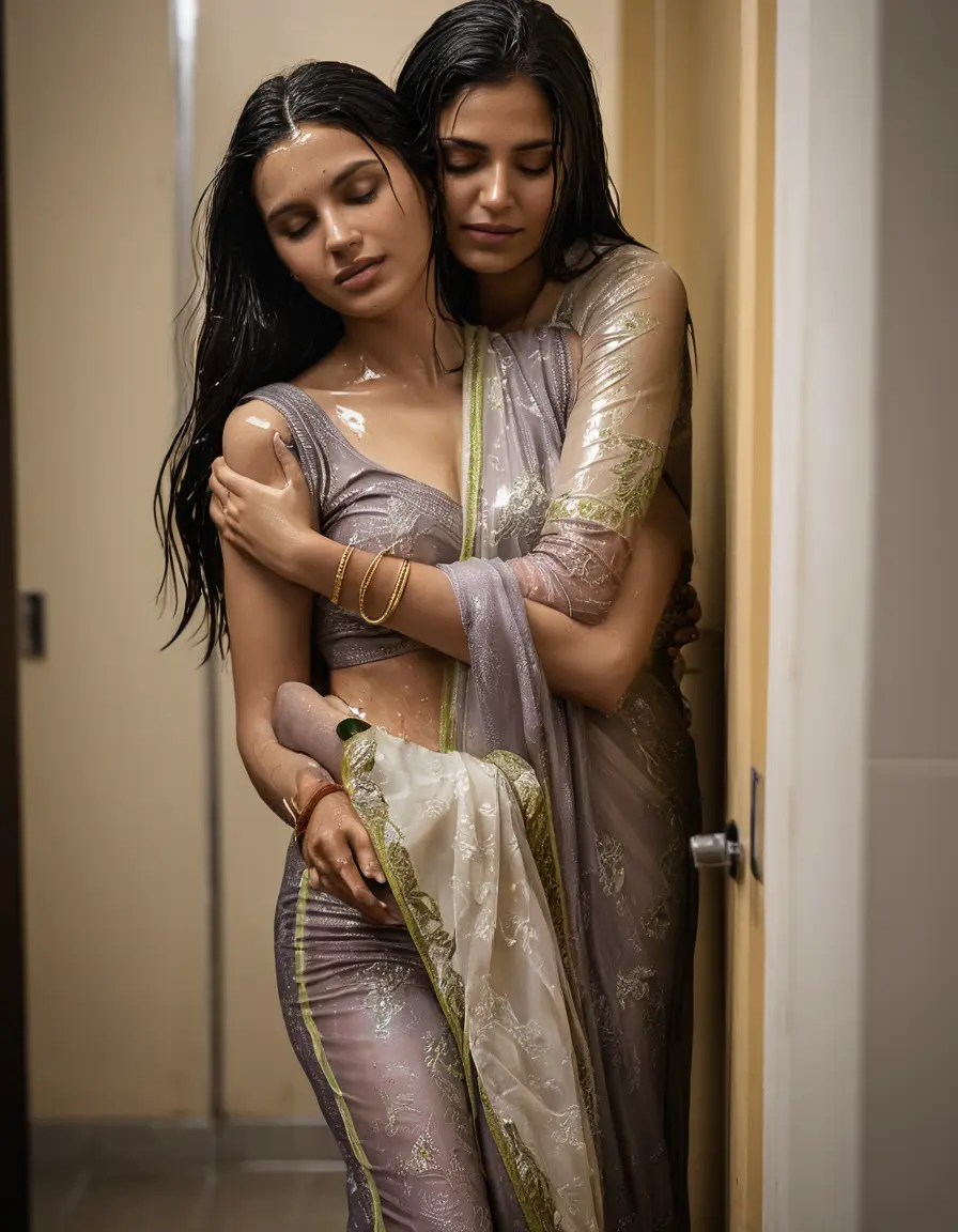 photo of young woman, in soaking wet, drenched clothes,
Stilletto heels, Silk pants, Embroidery,   Saree skin tight , Strip bathroom, hugging another women , 
enjoying, wet clothes stuck to body,
detailed textures of the wet clothes, wet face, wet plastered hair,
wet, drenched, professional, high-quality details, full body view.
sharp focus, ultra-high pixel detail, realistic, high-quality, full colors, incredibly detailed, 4k, 8k, 16k, hyper-realistic, RAW photo, masterpiece, ultra-detailed, professionally color graded, professional photograph, Straight open  wavy hairstyle , ,  wrist watch, 