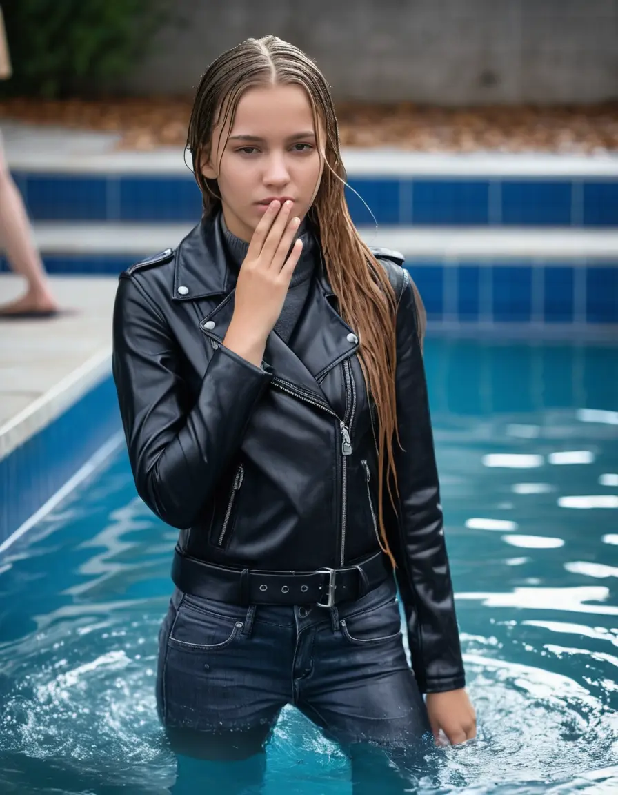 photo of young woman, in soaking wet, drenched clothes,
ankle boots, super skin tight denim jeans, slim fit black biker leatherjacket, tight grey knit turtleneck sweater, handbag , Eighteen years old horny blonde teenage girl with her friends holds her hand over her mouth and nose jumps into the water half submerged at the edge of the swimming pool, 
enjoying, wet clothes stuck to body,
detailed textures of the wet clothes, wet face, wet plastered hair,
wet, drenched, professional, high-quality details, full body view.
sharp focus, ultra-high pixel detail, realistic, high-quality, full colors, incredibly detailed, 4k, 8k, 16k, hyper-realistic, RAW photo, masterpiece, ultra-detailed, professionally color graded, professional photograph, Eighteen years old, completely soaked, completely dripping wet from head to toe, very wet clothes, sleek long straight hair, worried and embarrassed facial expression, slight yawn, moaning,  all girls wear different styles of clothes, she take a handbag with her into the water, a lot of people stands in the background, close-up, view from above, highly realistic representation, ultra sharp focus, highly photorealistic detailed facial features and expressions, highly photorealistic hands, highly best quality, highly sharp photorealistic image, highly photorealistic details, highest photorealistic wet clothes, full UHD resolution, highest photorealistic sharpness of the image, 32 K