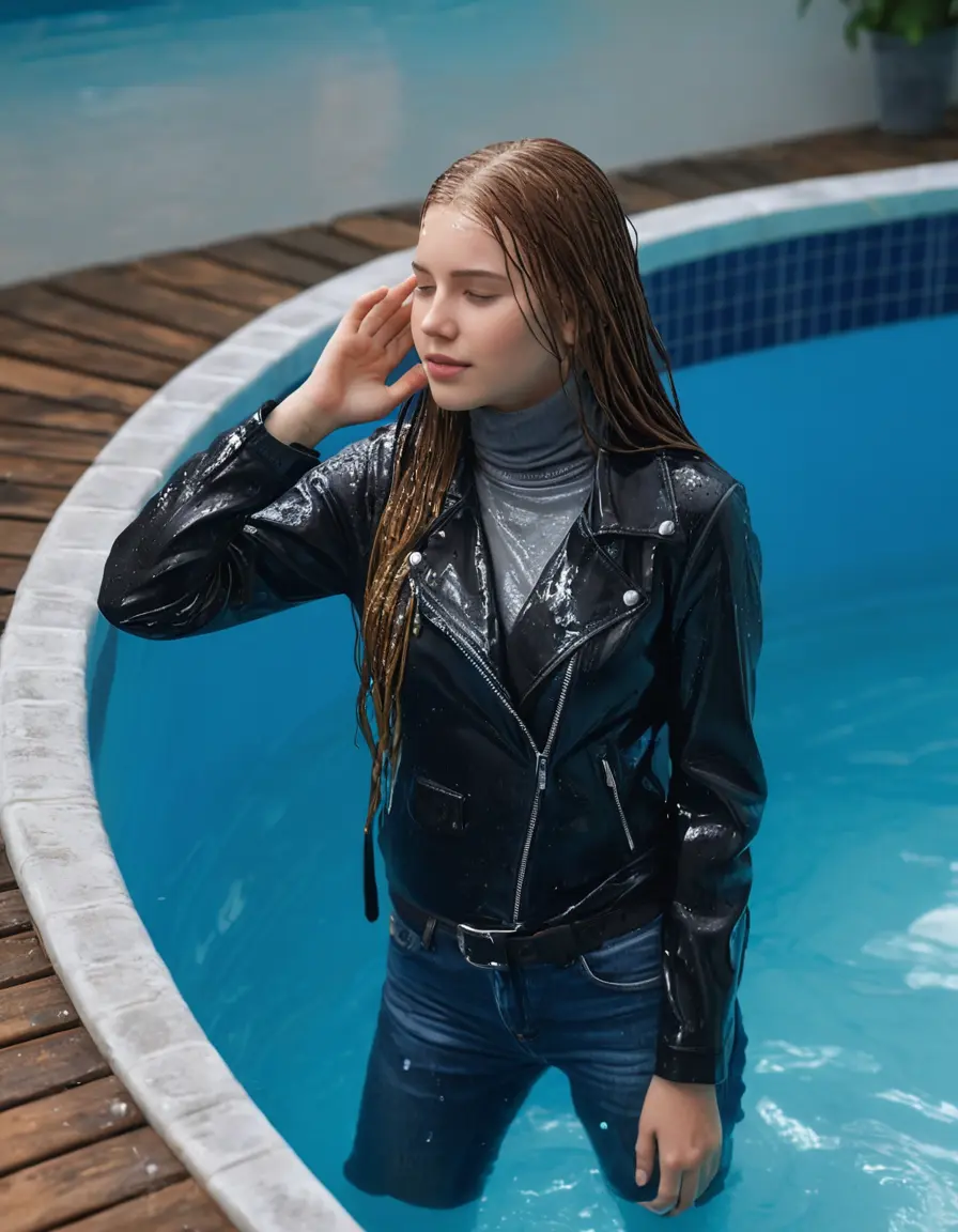 photo of young woman, in soaking wet, drenched clothes,
ankle boots, super skin tight denim jeans, slim fit black biker leatherjacket, tight grey knit turtleneck sweater, handbag , Fifteen years old horny blonde teenage girl with her friends holds her hand over her mouth and nose walks deep the water half submerged from the pool stairs at the edge of the swimming pool at private pool party, 
enjoying, wet clothes stuck to body,
detailed textures of the wet clothes, wet face, wet plastered hair,
wet, drenched, professional, high-quality details, full body view.
sharp focus, ultra-high pixel detail, realistic, high-quality, full colors, incredibly detailed, 4k, 8k, 16k, hyper-realistic, RAW photo, masterpiece, ultra-detailed, professionally color graded, professional photograph, Fifteen years old, completely soaked, completely dripping wet from head to toe, very wet clothes, sleek long straight hair, worried and embarrassed facial expression, slight yawn, moaning,  all girls wear different styles of clothes, she take a handbag with her into the water, a lot of people stands in the background, close-up, view from above, highly realistic representation, ultra sharp focus, highly photorealistic detailed facial features and expressions, highly photorealistic hands, highly best quality, highly sharp photorealistic image, highly photorealistic details, highest photorealistic wet clothes, full UHD resolution, highest photorealistic sharpness of the image, 32 K