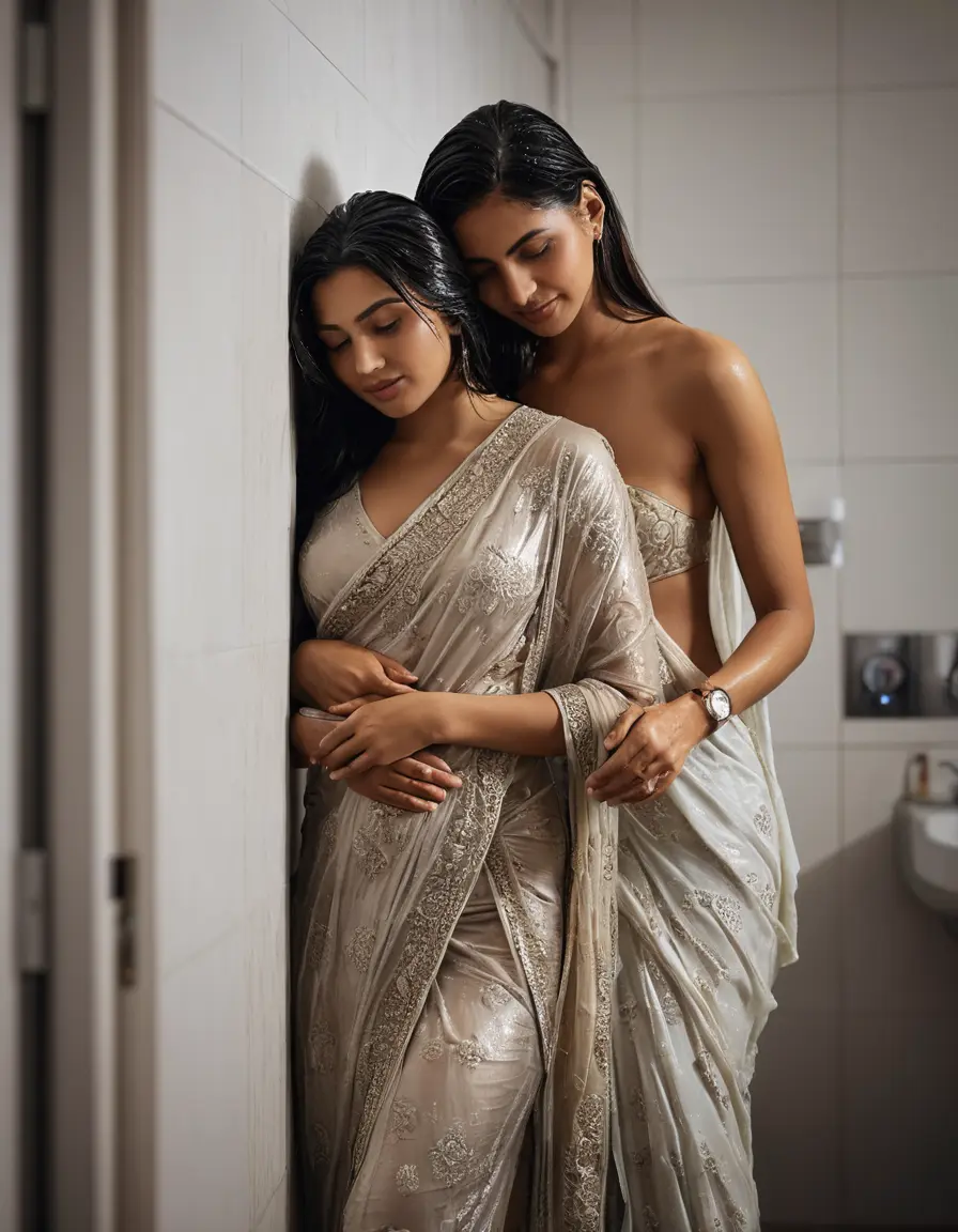 photo of young woman, in soaking wet, drenched clothes,
Stilletto heels, Silk pants, Embroidery,   Saree skin tight , Strip bathroom, hugging another women , 
enjoying, wet clothes stuck to body,
detailed textures of the wet clothes, wet face, wet plastered hair,
wet, drenched, professional, high-quality details, full body view.
sharp focus, ultra-high pixel detail, realistic, high-quality, full colors, incredibly detailed, 4k, 8k, 16k, hyper-realistic, RAW photo, masterpiece, ultra-detailed, professionally color graded, professional photograph, Straight open  wavy hairstyle , ,  wrist watch, 