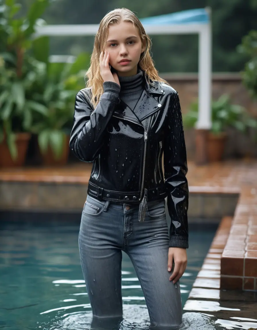 photo of young woman, in soaking wet, drenched clothes,
ankle boots, super skin tight denim jeans, slim fit black biker leatherjacket, tight grey knit turtleneck sweater, handbag , Eighteen years old horny blonde teenage girl with her friends holds her hand over her mouth and nose enter the water half submerged from the pool stairs at the edge of the swimming pool, 
enjoying, wet clothes stuck to body,
detailed textures of the wet clothes, wet face, wet plastered hair,
wet, drenched, professional, high-quality details, full body view.
sharp focus, ultra-high pixel detail, realistic, high-quality, full colors, incredibly detailed, 4k, 8k, 16k, hyper-realistic, RAW photo, masterpiece, ultra-detailed, professionally color graded, professional photograph, Eighteen years old, completely soaked, completely dripping wet from head to toe, very wet clothes, sleek long straight hair, worried and embarrassed facial expression, slight yawn, moaning,  all girls wear different styles of clothes, she take a handbag with her into the water, a lot of people stands in the background, close-up, view from above, highly realistic representation, ultra sharp focus, highly photorealistic detailed facial features and expressions, highly photorealistic hands, highly best quality, highly sharp photorealistic image, highly photorealistic details, highest photorealistic wet clothes, full UHD resolution, highest photorealistic sharpness of the image, 32 K