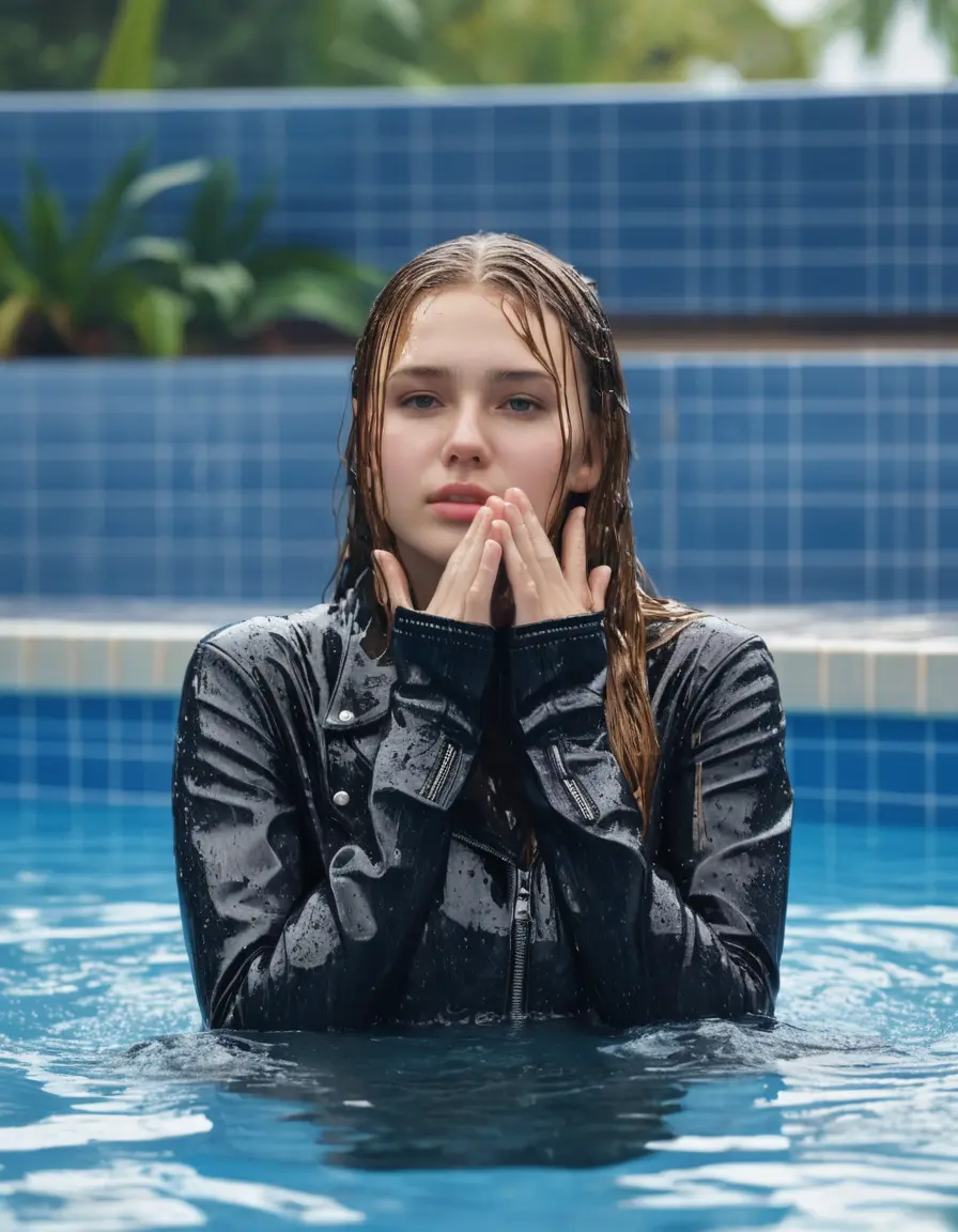 photo of young woman, in soaking wet, drenched clothes,
ankle boots, super skin tight denim jeans, slim fit black biker leatherjacket, tight grey knit turtleneck sweater, handbag , Fifteen years old horny blonde teenage girl with her friends holds her hand over her mouth and nose goes for a dip  deep in the water half submerged from the pool stairs at the edge of the swimming pool at private pool party, 
enjoying, wet clothes stuck to body,
detailed textures of the wet clothes, wet face, wet plastered hair,
wet, drenched, professional, high-quality details, full body view.
sharp focus, ultra-high pixel detail, realistic, high-quality, full colors, incredibly detailed, 4k, 8k, 16k, hyper-realistic, RAW photo, masterpiece, ultra-detailed, professionally color graded, professional photograph, Fifteen years old, completely soaked, completely dripping wet from head to toe, very wet clothes, sleek long straight hair, worried and embarrassed facial expression, slight yawn, moaning,  all girls wear different styles of clothes, she take a handbag with her into the water, a lot of people stands in the background, close-up, view from above, highly realistic representation, ultra sharp focus, highly photorealistic detailed facial features and expressions, highly photorealistic hands, highly best quality, highly sharp photorealistic image, highly photorealistic details, highest photorealistic wet clothes, full UHD resolution, highest photorealistic sharpness of the image, 32 K