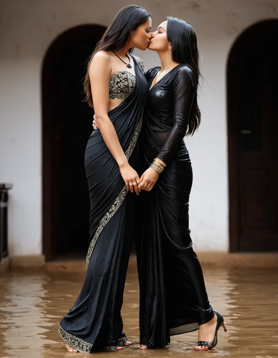 photo of young woman, in soaking wet, drenched clothes,
Stilletto heels, Silk pants, Embroidery,  long black Saree skin tight , Pub , kissing another women , 
enjoying, wet clothes stuck to body,
detailed textures of the wet clothes, wet face, wet plastered hair,
wet, drenched, professional, high-quality details, full body view.
sharp focus, ultra-high pixel detail, realistic, high-quality, full colors, incredibly detailed, 4k, 8k, 16k, hyper-realistic, RAW photo, masterpiece, ultra-detailed, professionally color graded, professional photograph, Straight open  wavy hairstyle , , pear shaped body,  wrist watch, thin necklace t ,  , no make up, 