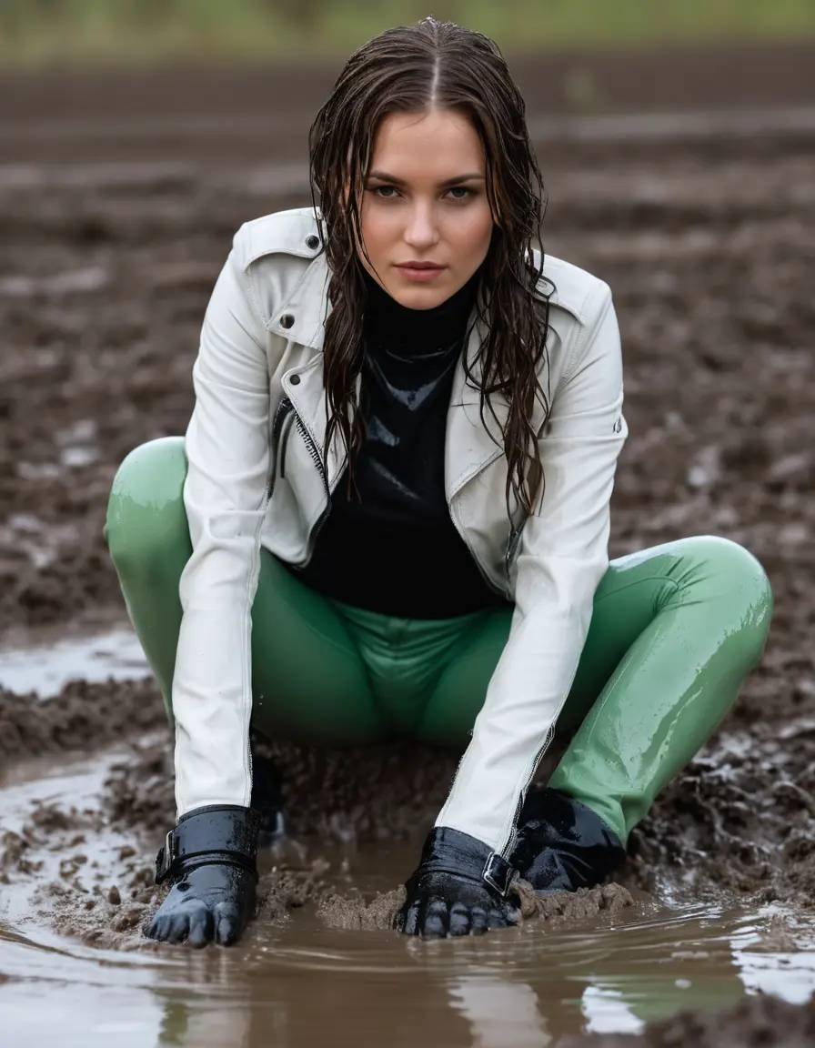 photo of young woman, in soaking wet, drenched clothes,
tight leather boots, skin green white leather jeans, slim fit green biker leather jacket, tight black latex turtleneck sweater,, lying in a mud puddle, covered in mud, 
enjoying, wet clothes stuck to body,
detailed textures of the wet clothes, wet face, wet plastered hair,
wet, drenched, professional, high-quality details, full body view.
sharp focus, ultra-high pixel detail, realistic, high-quality, full colors, incredibly detailed, 4k, 8k, 16k, hyper-realistic, RAW photo, masterpiece, ultra-detailed, professionally color graded, professional photograph, white woman, long dripping wet brown hair