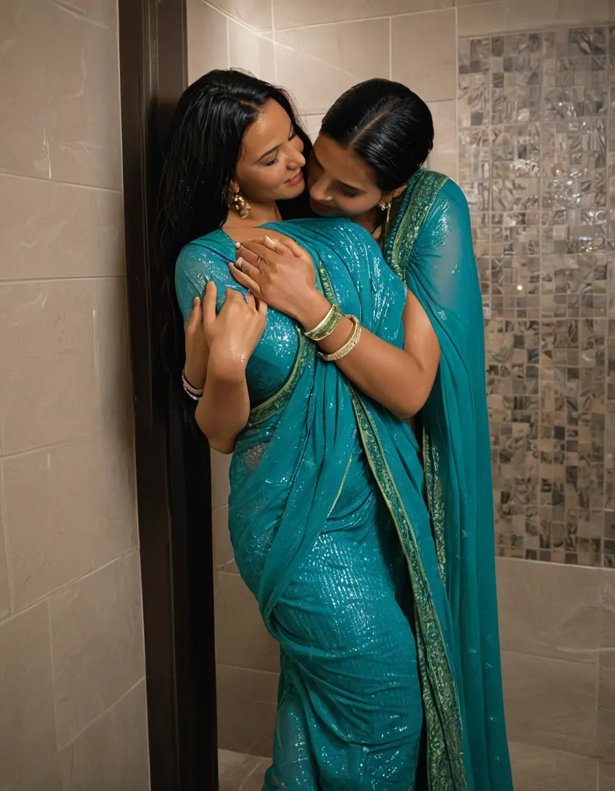 photo of young woman, in soaking wet, drenched clothes,
Stilletto heels, Silk pants, Embroidery,   Saree skin tight , Strip bathroom, hugging another women , 
enjoying, wet clothes stuck to body,
detailed textures of the wet clothes, wet face, wet plastered hair,
wet, drenched, professional, high-quality details, full body view.
sharp focus, ultra-high pixel detail, realistic, high-quality, full colors, incredibly detailed, 4k, 8k, 16k, hyper-realistic, RAW photo, masterpiece, ultra-detailed, professionally color graded, professional photograph, Straight open  wavy hairstyle , ,  wrist watch, 