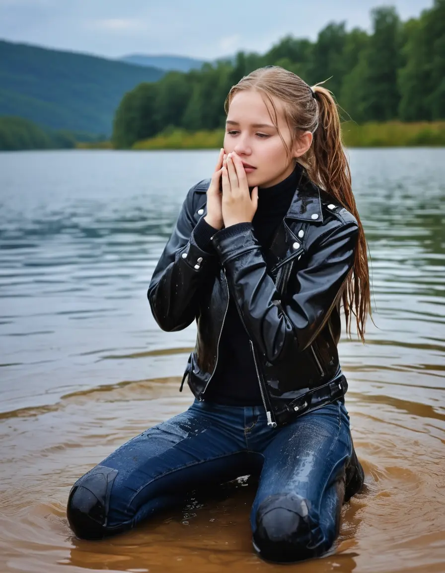 photo of young woman, in soaking wet, drenched clothes,
ankle boots, super skin tight denim jeans, slim fit black biker leatherjacket, tight grey knit turtleneck sweater, handbag , fifteen years old horny blonde teenage girl with her friends holds her hand over her mouth and nose sitting in a lake on a sunny day, 
enjoying, wet clothes stuck to body,
detailed textures of the wet clothes, wet face, wet plastered hair,
wet, drenched, professional, high-quality details, full body view.
sharp focus, ultra-high pixel detail, realistic, high-quality, full colors, incredibly detailed, 4k, 8k, 16k, hyper-realistic, RAW photo, masterpiece, ultra-detailed, professionally color graded, professional photograph, fifteen years old, completely soaked, completely dripping wet from head to toe, very wet clothes, sleek long straight hair, sleek pigtails, worried and embarrassed facial expression, slight yawn, moaning,  all girls wear different styles of clothes, she take a handbag with her into the water, a lot of people stands in the background, close-up, view from above, highly realistic representation, ultra sharp focus, highly photorealistic detailed facial features and expressions, highly photorealistic hands, highly best quality, highly sharp photorealistic image, highly photorealistic details, highest photorealistic wet clothes, full UHD resolution, highest photorealistic sharpness of the image, 32 K