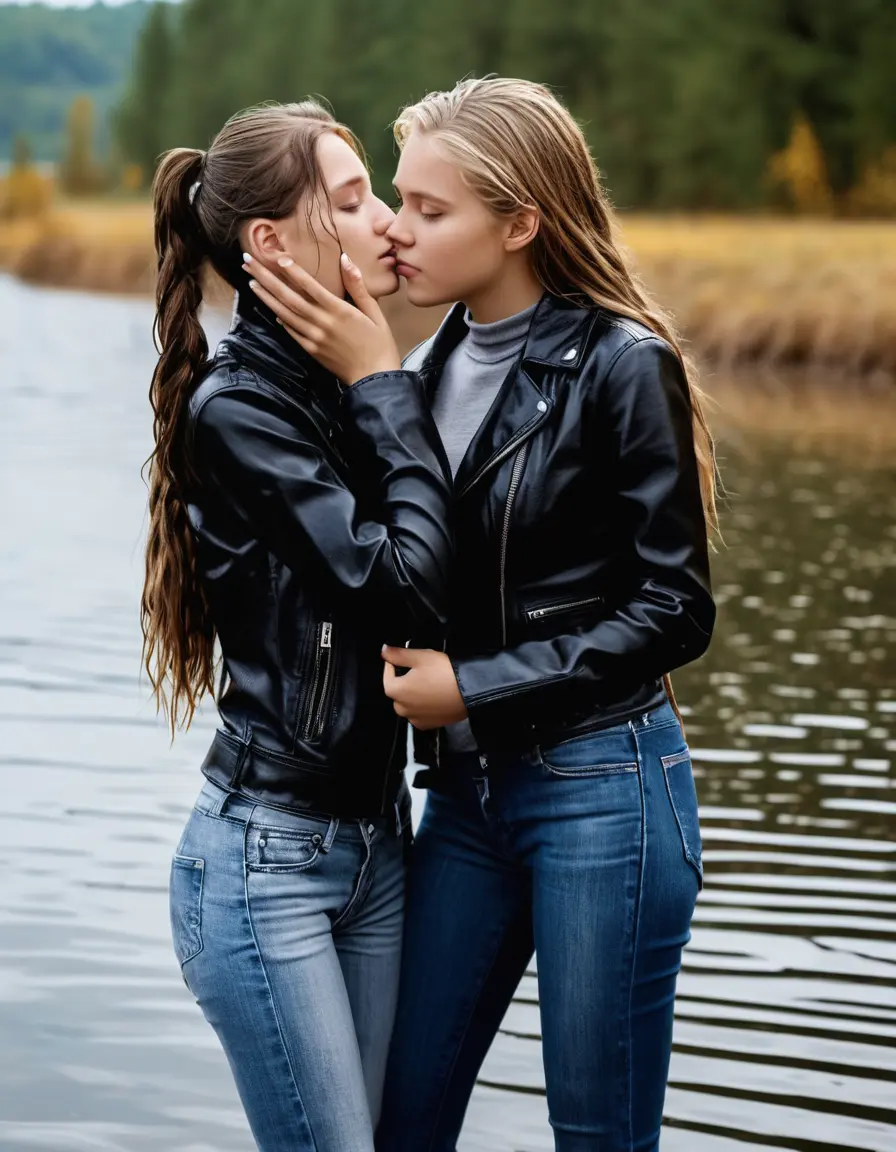 photo of young woman, in soaking wet, drenched clothes,
ankle boots, super skin tight denim jeans, slim fit black biker leatherjacket, tight grey knit turtleneck sweater, handbag , fifteen years old horny blonde teenage girl with her girlfriend holds her hand over her mouth and nose standing in a lake on a sunny day, 
enjoying, wet clothes stuck to body,
detailed textures of the wet clothes, wet face, wet plastered hair,
wet, drenched, professional, high-quality details, full body view.
sharp focus, ultra-high pixel detail, realistic, high-quality, full colors, incredibly detailed, 4k, 8k, 16k, hyper-realistic, RAW photo, masterpiece, ultra-detailed, professionally color graded, professional photograph, fifteen years old, completely soaked, completely dripping wet from head to toe, very wet clothes, sleek long straight hair, sleek pigtails, worried and embarrassed facial expression, slight yawn, moaning,  all girls wear different styles of clothes, she take a handbag with her into the water, a lot of people stands in the background, close-up, view from above, highly realistic representation, ultra sharp focus, highly photorealistic detailed facial features and expressions, highly photorealistic hands, highly best quality, highly sharp photorealistic image, highly photorealistic details, highest photorealistic wet clothes, full UHD resolution, highest photorealistic sharpness of the image, 32 K