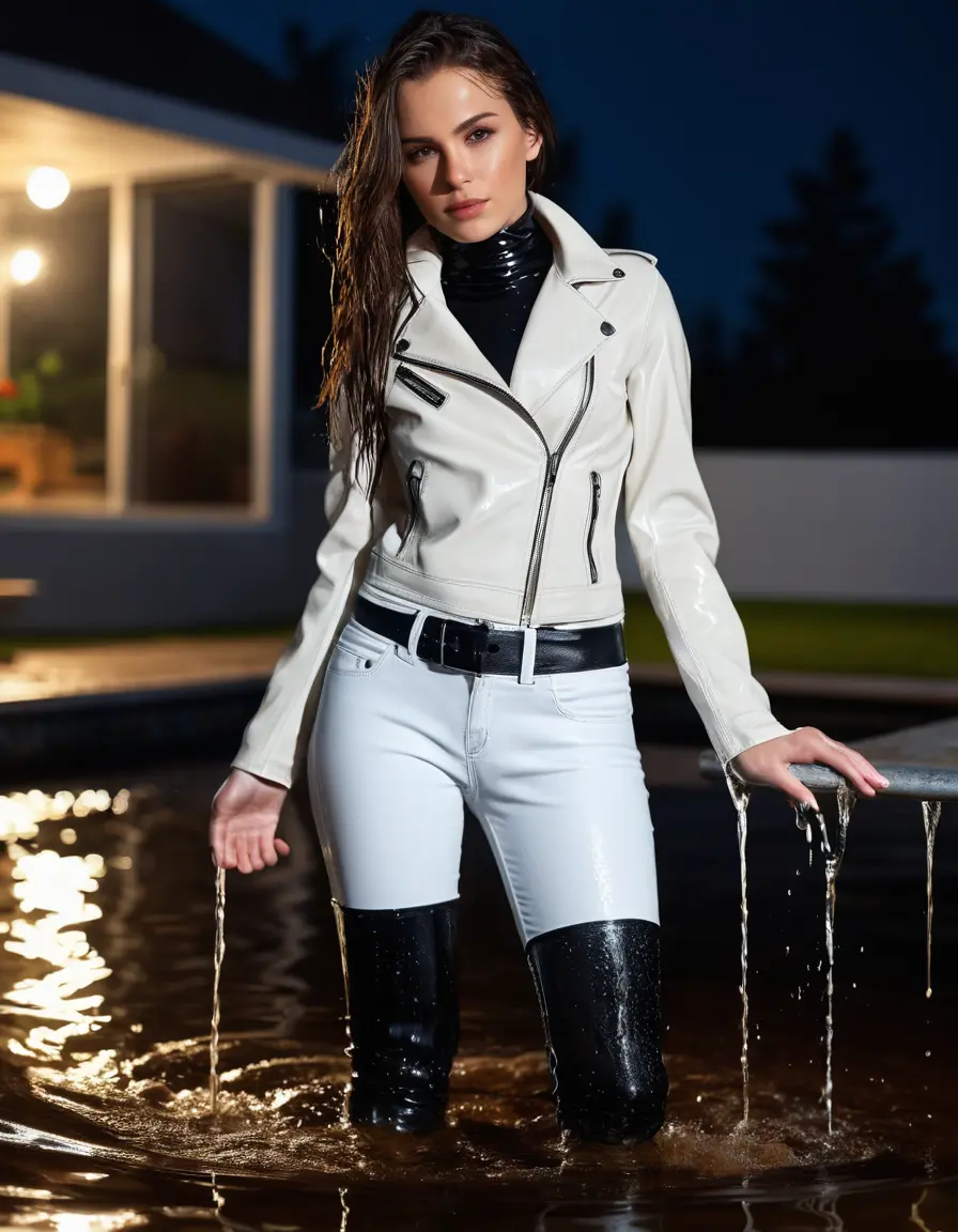 photo of young woman, in soaking wet, drenched clothes,
tight leather boots, skin tight white leather jeans, slim fit white biker leather jacket, tight black latex turtleneck sweater,, submerged backyard pool, heavy rain, night, 
enjoying, wet clothes stuck to body,
detailed textures of the wet clothes, wet face, wet plastered hair,
wet, drenched, professional, high-quality details, full body view.
sharp focus, ultra-high pixel detail, realistic, high-quality, full colors, incredibly detailed, 4k, 8k, 16k, hyper-realistic, RAW photo, masterpiece, ultra-detailed, professionally color graded, professional photograph, white woman, long dripping wet brown hair
