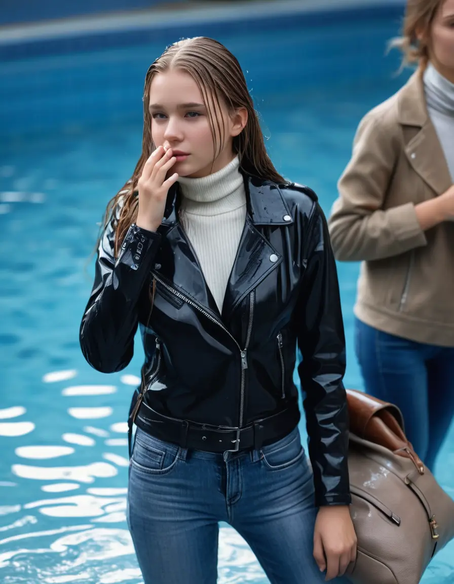 photo of young woman, in soaking wet, drenched clothes,
ankle boots, super skin tight denim jeans, slim fit black biker leatherjacket, tight white knit turtleneck sweater, handbag, pearl necklace, Fifteen years old happy horny blonde teenage girl with her Friends holds her hand over her mouth and nose steps into water half submerged at the edge of the swimming pool, 
enjoying, wet clothes stuck to body,
detailed textures of the wet clothes, wet face, wet plastered hair,
wet, drenched, professional, high-quality details, full body view.
sharp focus, ultra-high pixel detail, realistic, high-quality, full colors, incredibly detailed, 4k, 8k, 16k, hyper-realistic, RAW photo, masterpiece, ultra-detailed, professionally color graded, professional photograph, Fifteen years old, completely soaked, completely dripping wet from head to toe, very wet clothes, sleek long straight hair, worried and embarrassed facial expression, slight yawn, moaning,  all girls wear different styles of clothes, she takes her handbag with her in the water, a lot of people stands in the background, close-up, view from above, highly realistic representation, ultra sharp focus, highly photorealistic detailed facial features and expressions, highly photorealistic hands, highly best quality, highly sharp photorealistic image, highly photorealistic details, highest photorealistic wet clothes, full UHD resolution, highest photorealistic sharpness of the image, 32 K