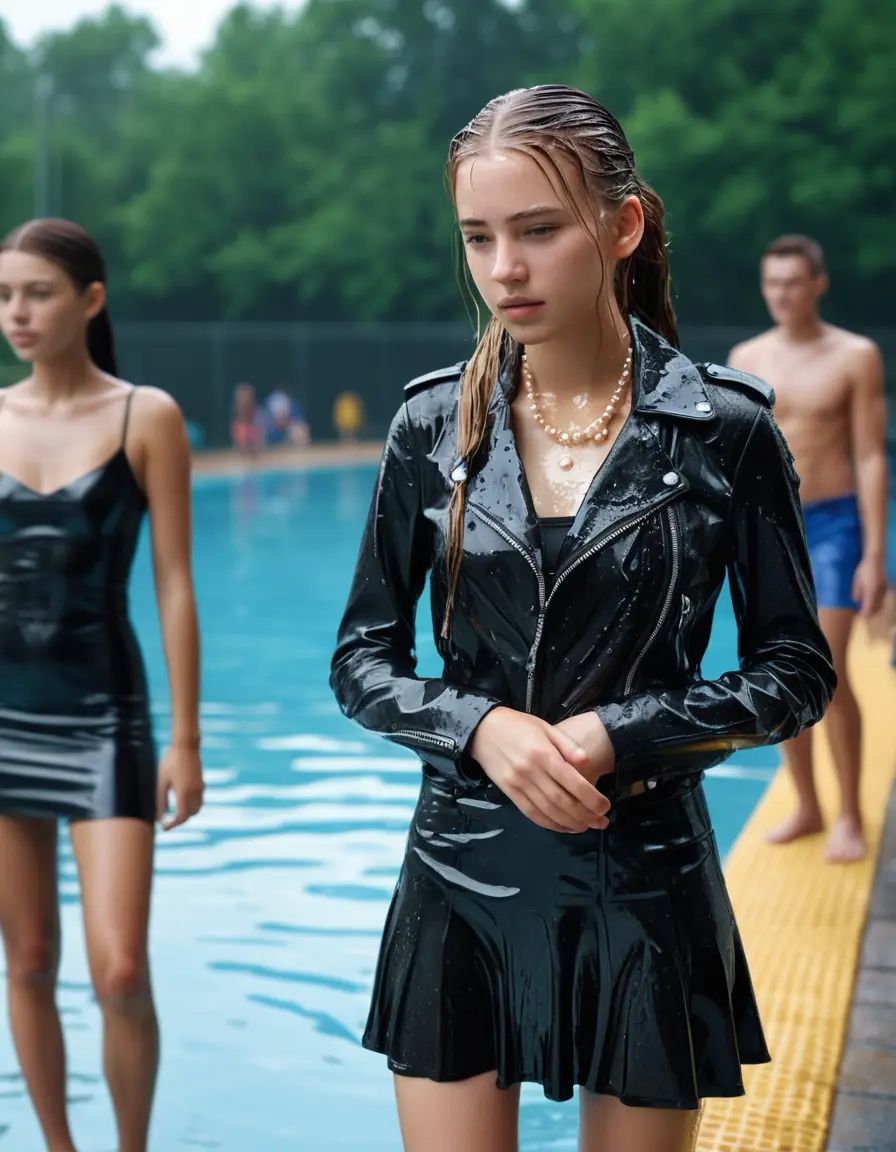 photo of young woman, in soaking wet, drenched clothes,
black leather boots, short black skirt, slim fit black biker leatherjacket,  tight sexy tshirt with wide neckline, handbag, pearl necklace, Fifteen years old horny blonde teenage girl with her Friends holds her hand over her mouth and nose sits into water at the edge of the crowded swimming pool at a waterpark, 
enjoying, wet clothes stuck to body,
detailed textures of the wet clothes, wet face, wet plastered hair,
wet, drenched, professional, high-quality details, full body view.
sharp focus, ultra-high pixel detail, realistic, high-quality, full colors, incredibly detailed, 4k, 8k, 16k, hyper-realistic, RAW photo, masterpiece, ultra-detailed, professionally color graded, professional photograph, Fifteen years old, completely soaked, completely dripping wet from head to toe, very wet clothes, sleek long straight hair, ponytail, worried and embarrassed facial expression, slight yawn, moaning,  all girls wear different styles of clothes, she takes her handbag with her in the water, a lot of people stands in the background, close-up, view from above, highly realistic representation, ultra sharp focus, highly photorealistic detailed facial features and expressions, highly photorealistic hands, highly best quality, highly sharp photorealistic image, highly photorealistic details, highest photorealistic wet clothes, full UHD resolution, highest photorealistic sharpness of the image, 32 K