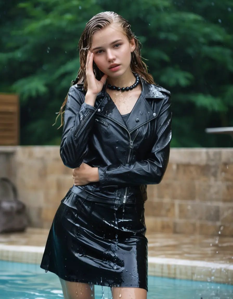 photo of young woman, in soaking wet, drenched clothes,
black leather boots, short black skirt, slim fit black biker leatherjacket,  tight sexy tshirt with wide neckline, handbag, pearl necklace, Fifteen years old horny blonde teenage girl with her Friends holds her hand over her mouth and nose steps into water half submerged at the edge of the swimming pool, 
enjoying, wet clothes stuck to body,
detailed textures of the wet clothes, wet face, wet plastered hair,
wet, drenched, professional, high-quality details, full body view.
sharp focus, ultra-high pixel detail, realistic, high-quality, full colors, incredibly detailed, 4k, 8k, 16k, hyper-realistic, RAW photo, masterpiece, ultra-detailed, professionally color graded, professional photograph, Fifteen years old, completely soaked, completely dripping wet from head to toe, very wet clothes, sleek long straight hair, worried and embarrassed facial expression, slight yawn, moaning,  all girls wear different styles of clothes, she takes her handbag with her in the water, a lot of people stands in the background, close-up, view from above, highly realistic representation, ultra sharp focus, highly photorealistic detailed facial features and expressions, highly photorealistic hands, highly best quality, highly sharp photorealistic image, highly photorealistic details, highest photorealistic wet clothes, full UHD resolution, highest photorealistic sharpness of the image, 32 K