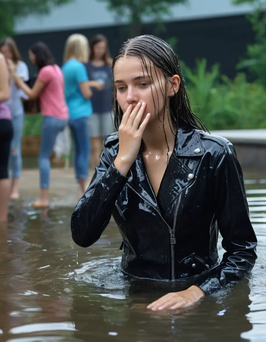 photo of young woman, in soaking wet, drenched clothes,
ankle boots, super skin tight denim jeans, slim fit black biker leatherjacket,  tight sexy tshirt with wide neckline, handbag, pearl necklace, Fifteen years old horny blonde teenage girl with her Friends holds her hand over her mouth and nose steps into water half submerged at the edge of the swimming pool, 
enjoying, wet clothes stuck to body,
detailed textures of the wet clothes, wet face, wet plastered hair,
wet, drenched, professional, high-quality details, full body view.
sharp focus, ultra-high pixel detail, realistic, high-quality, full colors, incredibly detailed, 4k, 8k, 16k, hyper-realistic, RAW photo, masterpiece, ultra-detailed, professionally color graded, professional photograph, Fifteen years old, completely soaked, completely dripping wet from head to toe, very wet clothes, sleek long straight hair, worried and embarrassed facial expression, slight yawn, moaning,  all girls wear different styles of clothes, she takes her handbag with her in the water, a lot of people stands in the background, close-up, view from above, highly realistic representation, ultra sharp focus, highly photorealistic detailed facial features and expressions, highly photorealistic hands, highly best quality, highly sharp photorealistic image, highly photorealistic details, highest photorealistic wet clothes, full UHD resolution, highest photorealistic sharpness of the image, 32 K