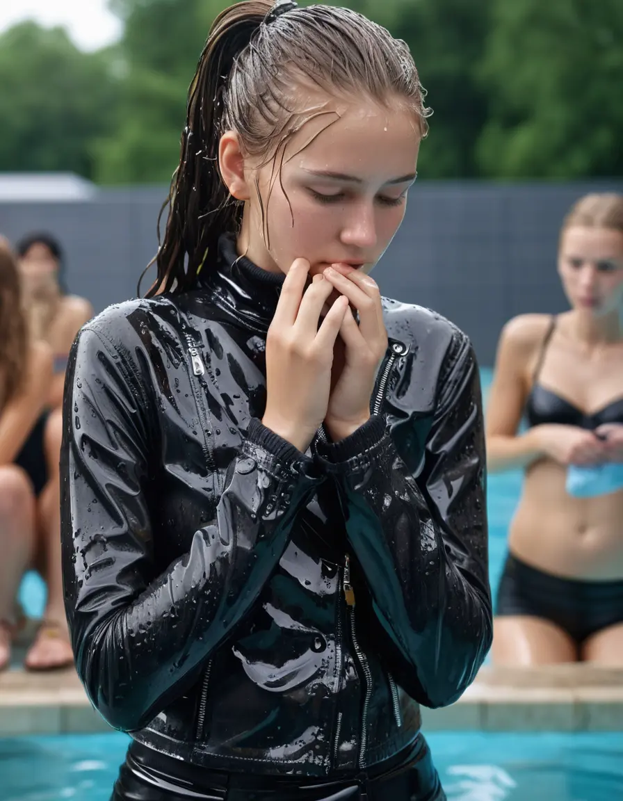 photo of young woman, in soaking wet, drenched clothes,
black leather boots, short black skirt, slim fit black biker leatherjacket,  tight grey turtleneck sweater, handbag, pearl necklace, Fifteen years old horny blonde teenage girl with her Friends holds her hand over her mouth and nose sits into water at the edge of the crowded public swimming pool at a pool party, 
enjoying, wet clothes stuck to body,
detailed textures of the wet clothes, wet face, wet plastered hair,
wet, drenched, professional, high-quality details, full body view.
sharp focus, ultra-high pixel detail, realistic, high-quality, full colors, incredibly detailed, 4k, 8k, 16k, hyper-realistic, RAW photo, masterpiece, ultra-detailed, professionally color graded, professional photograph, Fifteen years old, completely soaked, completely dripping wet from head to toe, very wet clothes, sleek long straight hair, ponytail, worried and embarrassed facial expression, slight yawn, moaning,  all girls wear different styles of clothes, she takes her handbag with her in the water, a lot of people stands in the background, close-up, view from above, highly realistic representation, ultra sharp focus, highly photorealistic detailed facial features and expressions, highly photorealistic hands, highly best quality, highly sharp photorealistic image, highly photorealistic details, highest photorealistic wet clothes, full UHD resolution, highest photorealistic sharpness of the image, 32 K