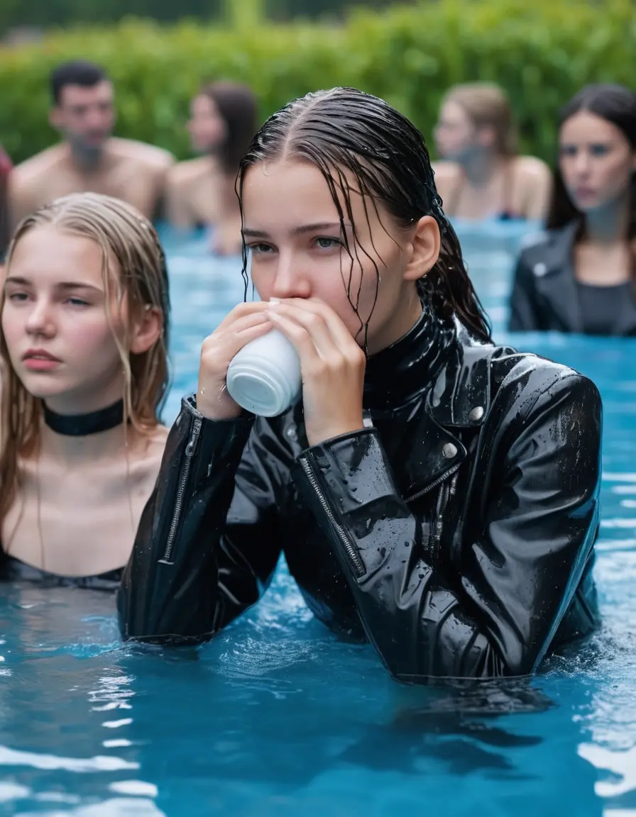 photo of young woman, in soaking wet, drenched clothes,
black leather boots, short black skirt, slim fit black biker leatherjacket,  tight grey turtleneck sweater, handbag, pearl necklace, Fifteen years old horny blonde teenage girl with her Friends holds her hand over her mouth and nose sits into water at the edge of the crowded public swimming pool at a pool party, 
enjoying, wet clothes stuck to body,
detailed textures of the wet clothes, wet face, wet plastered hair,
wet, drenched, professional, high-quality details, full body view.
sharp focus, ultra-high pixel detail, realistic, high-quality, full colors, incredibly detailed, 4k, 8k, 16k, hyper-realistic, RAW photo, masterpiece, ultra-detailed, professionally color graded, professional photograph, Fifteen years old, completely soaked, completely dripping wet from head to toe, very wet clothes, sleek long straight hair, ponytail, worried and embarrassed facial expression, slight yawn, moaning,  all girls wear different styles of clothes, she takes her handbag with her in the water, a lot of people stands in the background, close-up, view from above, highly realistic representation, ultra sharp focus, highly photorealistic detailed facial features and expressions, highly photorealistic hands, highly best quality, highly sharp photorealistic image, highly photorealistic details, highest photorealistic wet clothes, full UHD resolution, highest photorealistic sharpness of the image, 32 K