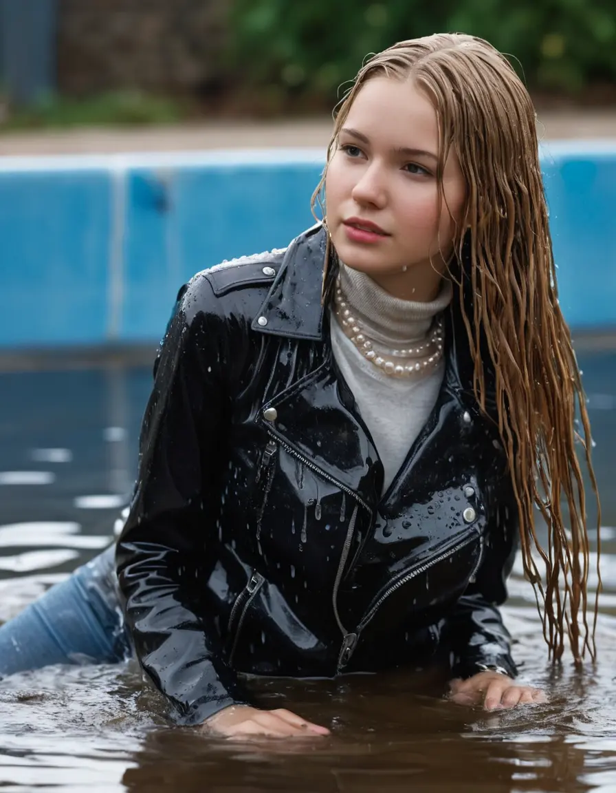 photo of young woman, in soaking wet, drenched clothes,
ankle boots, super skin tight denim jeans, slim fit black biker leatherjacket, tight white knit turtleneck sweater, handbag, pearl necklace, Fifteen years old happy horny blonde teenage girl with her Friends holds her hand over her mouth and nose steps into water half submerged at the edge of the swimming pool, 
enjoying, wet clothes stuck to body,
detailed textures of the wet clothes, wet face, wet plastered hair,
wet, drenched, professional, high-quality details, full body view.
sharp focus, ultra-high pixel detail, realistic, high-quality, full colors, incredibly detailed, 4k, 8k, 16k, hyper-realistic, RAW photo, masterpiece, ultra-detailed, professionally color graded, professional photograph, Fifteen years old, completely soaked, completely dripping wet from head to toe, very wet clothes, sleek long straight hair, worried and embarrassed facial expression, slight yawn, moaning,  all girls wear different styles of clothes, she takes her handbag with her in the water, a lot of people stands in the background, close-up, view from above, highly realistic representation, ultra sharp focus, highly photorealistic detailed facial features and expressions, highly photorealistic hands, highly best quality, highly sharp photorealistic image, highly photorealistic details, highest photorealistic wet clothes, full UHD resolution, highest photorealistic sharpness of the image, 32 K