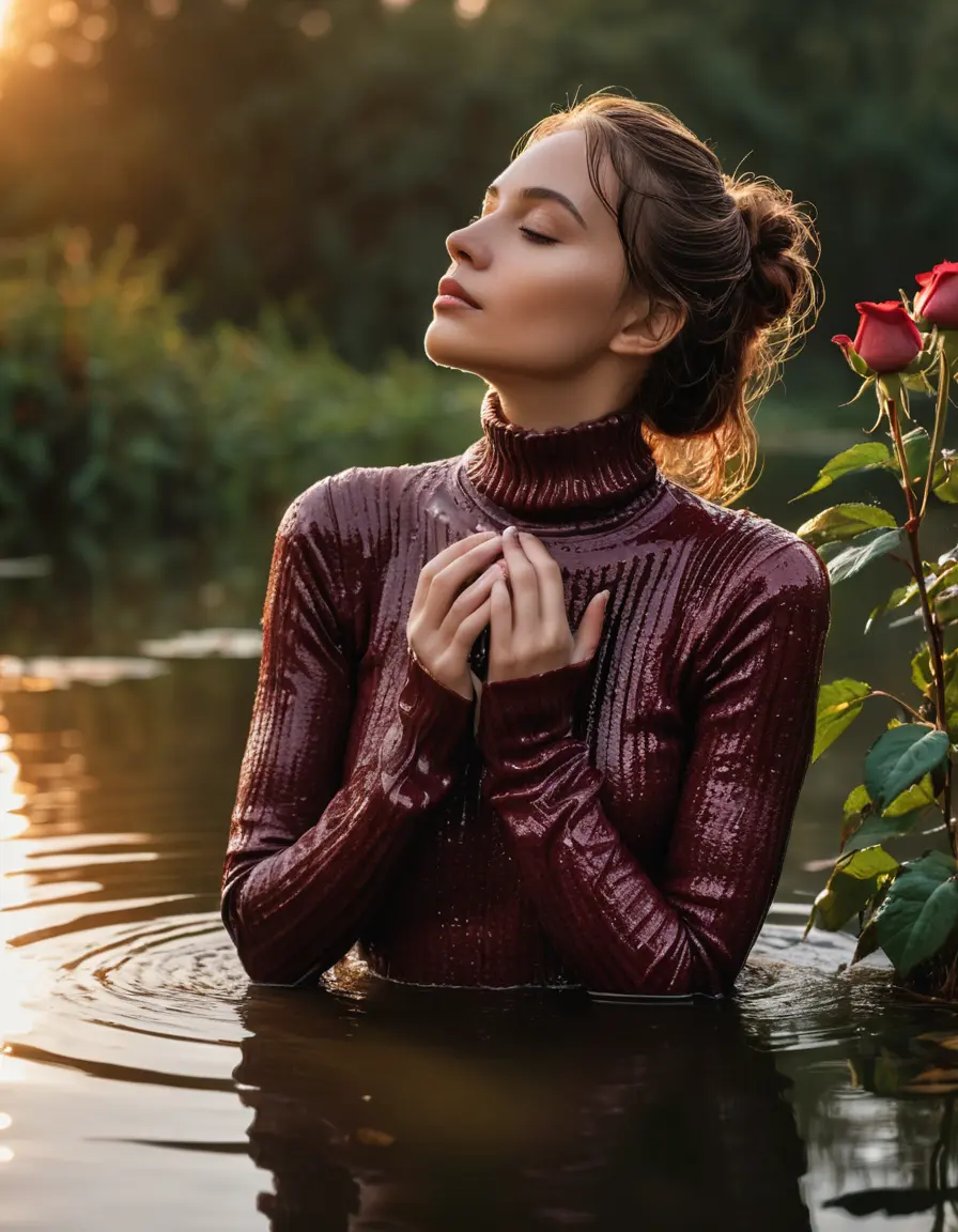 photo of young woman, in soaking wet, drenched clothes,
, , Form-fitted cozy ribbed burgundy turtleneck sweater , Pond at sunrise with an overhanging rose bush, 
enjoying, wet clothes stuck to body,
detailed textures of the wet clothes, wet face, wet plastered hair,
wet, drenched, professional, high-quality details, full body view.
sharp focus, ultra-high pixel detail, realistic, high-quality, full colors, incredibly detailed, 4k, 8k, 16k, hyper-realistic, RAW photo, masterpiece, ultra-detailed, professionally color graded, professional photograph, Eastern European woman, chest-deep in a pond, sniffing a rose on the rose bush 