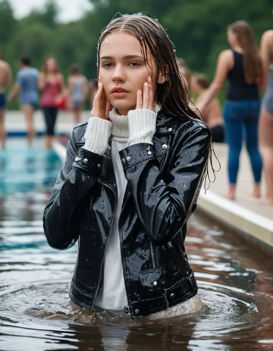 photo of young woman, in soaking wet, drenched clothes,
ankle boots, super skin tight denim jeans, slim fit black biker leatherjacket, tight white knit turtleneck sweater, handbag, pearl necklace, Fifteen years old excited horny blonde teenage girl with her Friends holds her hand over her mouth and nose climbs out of water half submerged at the edge of the swimming pool, 
enjoying, wet clothes stuck to body,
detailed textures of the wet clothes, wet face, wet plastered hair,
wet, drenched, professional, high-quality details, full body view.
sharp focus, ultra-high pixel detail, realistic, high-quality, full colors, incredibly detailed, 4k, 8k, 16k, hyper-realistic, RAW photo, masterpiece, ultra-detailed, professionally color graded, professional photograph, Fifteen years old, completely soaked, completely dripping wet from head to toe, very wet clothes, sleek long straight hair, worried and embarrassed facial expression, slight yawn, moaning,  all girls wear different styles of clothes, she takes her handbag with her in the water, a lot of people stands in the background, close-up, view from above, highly realistic representation, ultra sharp focus, highly photorealistic detailed facial features and expressions, highly photorealistic hands, highly best quality, highly sharp photorealistic image, highly photorealistic details, highest photorealistic wet clothes, full UHD resolution, highest photorealistic sharpness of the image, 32 K