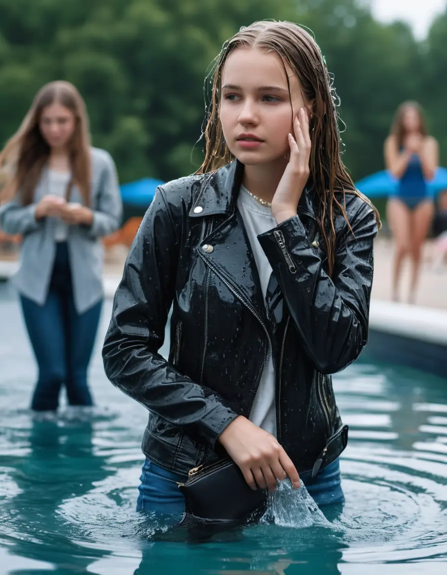 photo of young woman, in soaking wet, drenched clothes,
ankle boots, super skin tight denim jeans, slim fit black biker leatherjacket, tight white knit turtleneck sweater, handbag, pearl necklace, Fifteen years old enthusiastic horny blonde teenage girl with her Friends holds her hand over her mouth and nose climbs out of water half submerged at the edge of the swimming pool, 
enjoying, wet clothes stuck to body,
detailed textures of the wet clothes, wet face, wet plastered hair,
wet, drenched, professional, high-quality details, full body view.
sharp focus, ultra-high pixel detail, realistic, high-quality, full colors, incredibly detailed, 4k, 8k, 16k, hyper-realistic, RAW photo, masterpiece, ultra-detailed, professionally color graded, professional photograph, Fifteen years old, completely soaked, completely dripping wet from head to toe, very wet clothes, sleek long straight hair, worried and embarrassed facial expression, slight yawn, moaning,  all girls wear different styles of clothes, she takes her handbag with her in the water, a lot of people stands in the background, close-up, view from above, highly realistic representation, ultra sharp focus, highly photorealistic detailed facial features and expressions, highly photorealistic hands, highly best quality, highly sharp photorealistic image, highly photorealistic details, highest photorealistic wet clothes, full UHD resolution, highest photorealistic sharpness of the image, 32 K