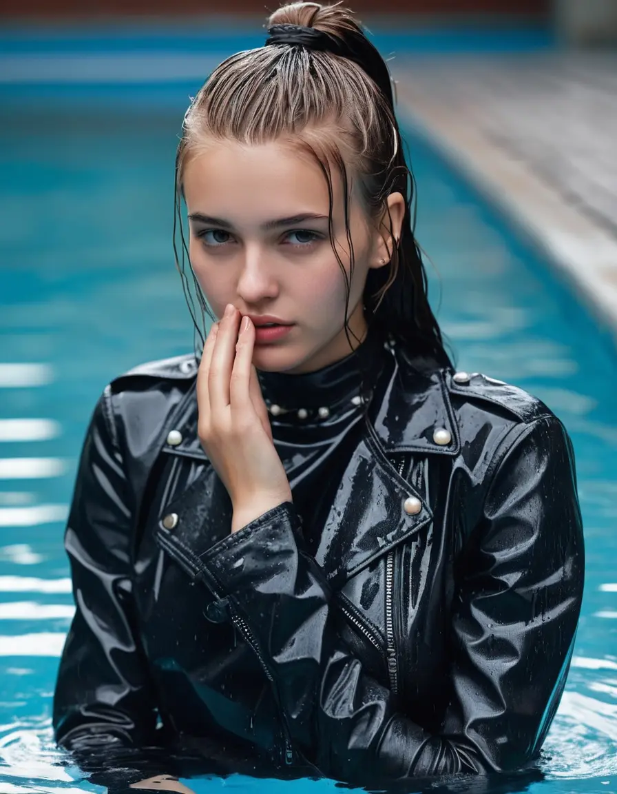 photo of young woman, in soaking wet, drenched clothes,
black leather boots, short black skirt, slim fit black biker leatherjacket,  tight sexy tshirt with wide neckline, handbag, pearl necklace, Fifteen years old horny blonde teenage girl with her Friends holds her hand over her mouth and nose sits half submerged into water at the edge of the private indoor swimming pool, 
enjoying, wet clothes stuck to body,
detailed textures of the wet clothes, wet face, wet plastered hair,
wet, drenched, professional, high-quality details, full body view.
sharp focus, ultra-high pixel detail, realistic, high-quality, full colors, incredibly detailed, 4k, 8k, 16k, hyper-realistic, RAW photo, masterpiece, ultra-detailed, professionally color graded, professional photograph, Fifteen years old, completely soaked, completely dripping wet from head to toe, very wet clothes, sleek long straight hair, topknot, worried and embarrassed facial expression, slight yawn, moaning,  all girls wear different styles of clothes, she takes her handbag with her in the water, a lot of people stands in the background, close-up, view from above, highly realistic representation, ultra sharp focus, highly photorealistic detailed facial features and expressions, highly photorealistic hands, highly best quality, highly sharp photorealistic image, highly photorealistic details, highest photorealistic wet clothes, full UHD resolution, highest photorealistic sharpness of the image, 32 K