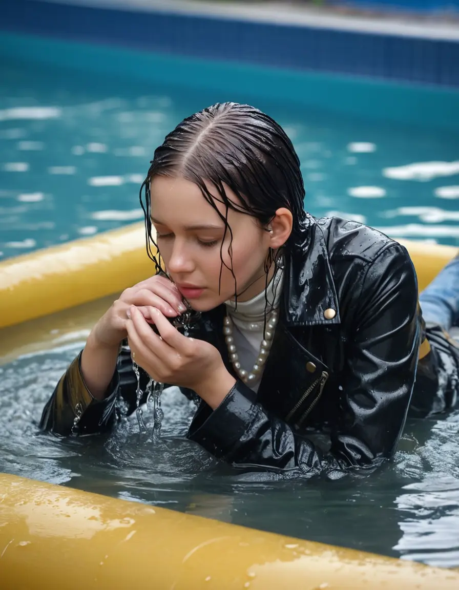 photo of young woman, in soaking wet, drenched clothes,
ankle boots, super skin tight denim jeans, slim fit black biker leatherjacket, tight white knit turtleneck sweater, handbag, pearl necklace, Fifteen years old amused horny blonde teenage girl with her Friends holds her hand over her mouth and nose climbs out of water half submerged at the edge of the swimming pool, 
enjoying, wet clothes stuck to body,
detailed textures of the wet clothes, wet face, wet plastered hair,
wet, drenched, professional, high-quality details, full body view.
sharp focus, ultra-high pixel detail, realistic, high-quality, full colors, incredibly detailed, 4k, 8k, 16k, hyper-realistic, RAW photo, masterpiece, ultra-detailed, professionally color graded, professional photograph, Fifteen years old, completely soaked, completely dripping wet from head to toe, very wet clothes, sleek long straight hair, worried and embarrassed facial expression, slight yawn, moaning,  all girls wear different styles of clothes, she takes her handbag with her in the water, a lot of people stands in the background, close-up, view from above, highly realistic representation, ultra sharp focus, highly photorealistic detailed facial features and expressions, highly photorealistic hands, highly best quality, highly sharp photorealistic image, highly photorealistic details, highest photorealistic wet clothes, full UHD resolution, highest photorealistic sharpness of the image, 32 K