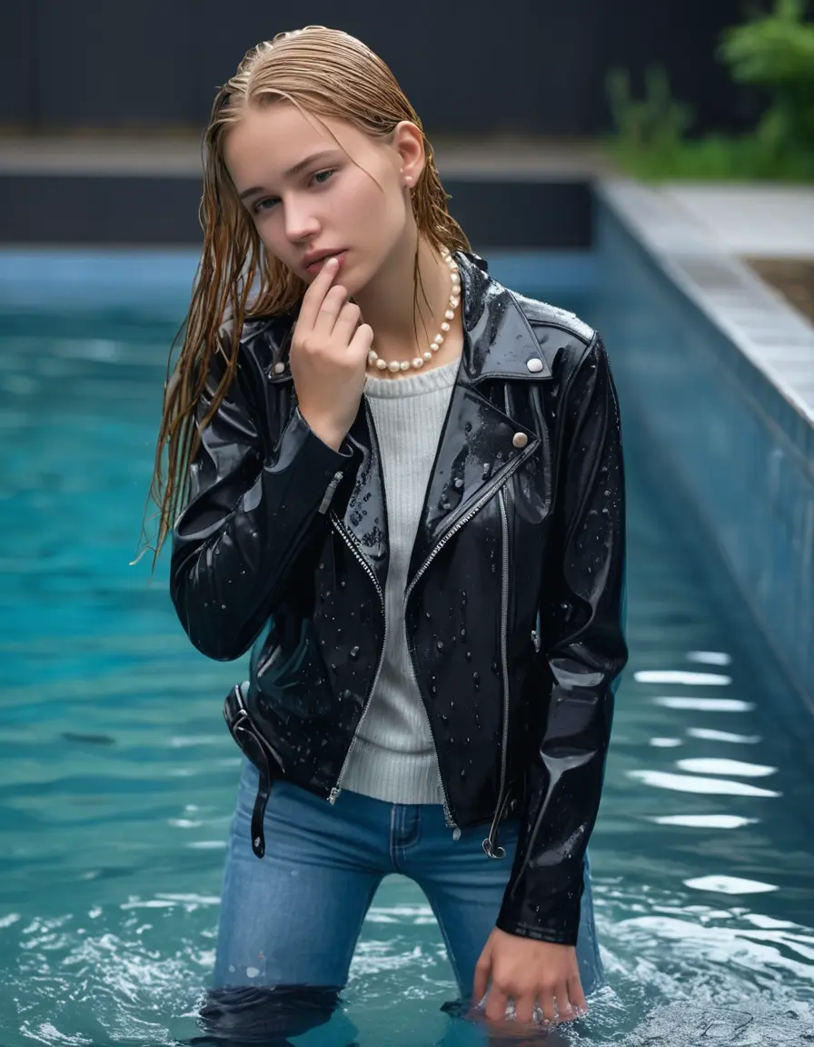 photo of young woman, in soaking wet, drenched clothes,
ankle boots, super skin tight denim jeans, slim fit black biker leatherjacket, tight white knit turtleneck sweater, handbag, pearl necklace, Fifteen years old careful blonde teenage girl with her Friends holds her hand over her mouth and nose steps into water half submerged at the edge of the swimming pool, 
enjoying, wet clothes stuck to body,
detailed textures of the wet clothes, wet face, wet plastered hair,
wet, drenched, professional, high-quality details, full body view.
sharp focus, ultra-high pixel detail, realistic, high-quality, full colors, incredibly detailed, 4k, 8k, 16k, hyper-realistic, RAW photo, masterpiece, ultra-detailed, professionally color graded, professional photograph, Fifteen years old, completely soaked, completely dripping wet from head to toe, very wet clothes, sleek long straight hair, worried and embarrassed facial expression, slight yawn, moaning,  all girls wear different styles of clothes, she takes her handbag with her in the water, a lot of people stands in the background, close-up, view from above, highly realistic representation, ultra sharp focus, highly photorealistic detailed facial features and expressions, highly photorealistic hands, highly best quality, highly sharp photorealistic image, highly photorealistic details, highest photorealistic wet clothes, full UHD resolution, highest photorealistic sharpness of the image, 32 K