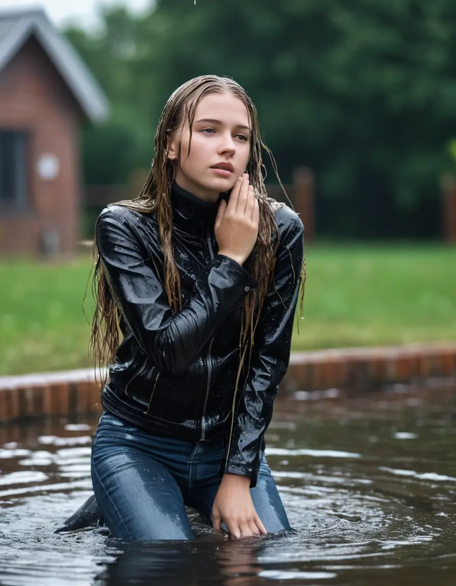 photo of young woman, in soaking wet, drenched clothes,
ankle boots, super skin tight denim jeans, slim fit black biker leatherjacket, tight white knit turtleneck sweater, handbag, pearl necklace, Fifteen years old happy horny blonde teenage girl with her Friends holds her hand over her mouth and nose climbs out of water half submerged at the edge of the swimming pool, 
enjoying, wet clothes stuck to body,
detailed textures of the wet clothes, wet face, wet plastered hair,
wet, drenched, professional, high-quality details, full body view.
sharp focus, ultra-high pixel detail, realistic, high-quality, full colors, incredibly detailed, 4k, 8k, 16k, hyper-realistic, RAW photo, masterpiece, ultra-detailed, professionally color graded, professional photograph, Fifteen years old, completely soaked, completely dripping wet from head to toe, very wet clothes, sleek long straight hair, worried and embarrassed facial expression, slight yawn, moaning,  all girls wear different styles of clothes, she takes her handbag with her in the water, a lot of people stands in the background, close-up, view from above, highly realistic representation, ultra sharp focus, highly photorealistic detailed facial features and expressions, highly photorealistic hands, highly best quality, highly sharp photorealistic image, highly photorealistic details, highest photorealistic wet clothes, full UHD resolution, highest photorealistic sharpness of the image, 32 K