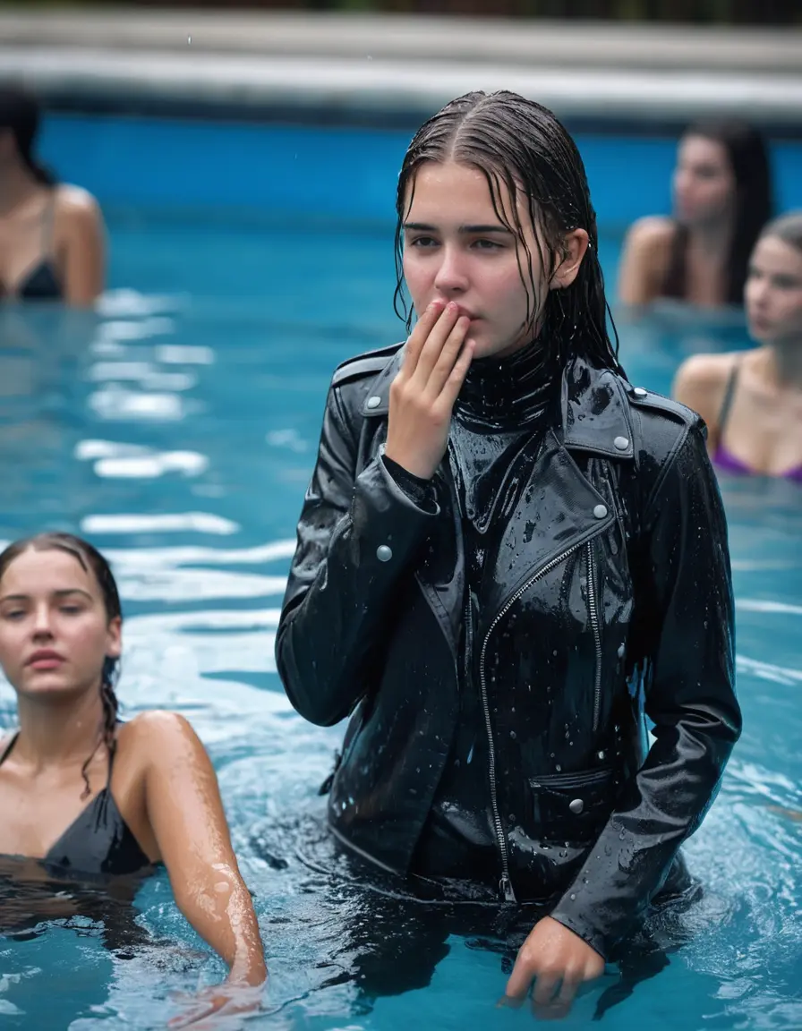 photo of young woman, in soaking wet, drenched clothes,
black leather boots, tight black leatherlegging , slim fit black biker leatherjacket,  tight grey turtleneck sweater, handbag, pearl necklace, Fifteen years old shocked horny blonde teenage girl with her Friends holds her hand over her mouth and nose goes into water at the edge of the crowded public swimming pool at a pool party, 
enjoying, wet clothes stuck to body,
detailed textures of the wet clothes, wet face, wet plastered hair,
wet, drenched, professional, high-quality details, full body view.
sharp focus, ultra-high pixel detail, realistic, high-quality, full colors, incredibly detailed, 4k, 8k, 16k, hyper-realistic, RAW photo, masterpiece, ultra-detailed, professionally color graded, professional photograph, Fifteen years old, completely soaked, completely dripping wet from head to toe, very wet clothes, sleek long straight hair, worried and embarrassed facial expression, slight yawn, moaning,  all girls wear different styles of clothes, she takes her handbag with her in the water, a lot of people stands in the background, close-up, view from above, highly realistic representation, ultra sharp focus, highly photorealistic detailed facial features and expressions, highly photorealistic hands, highly best quality, highly sharp photorealistic image, highly photorealistic details, highest photorealistic wet clothes, full UHD resolution, highest photorealistic sharpness of the image, 32 K