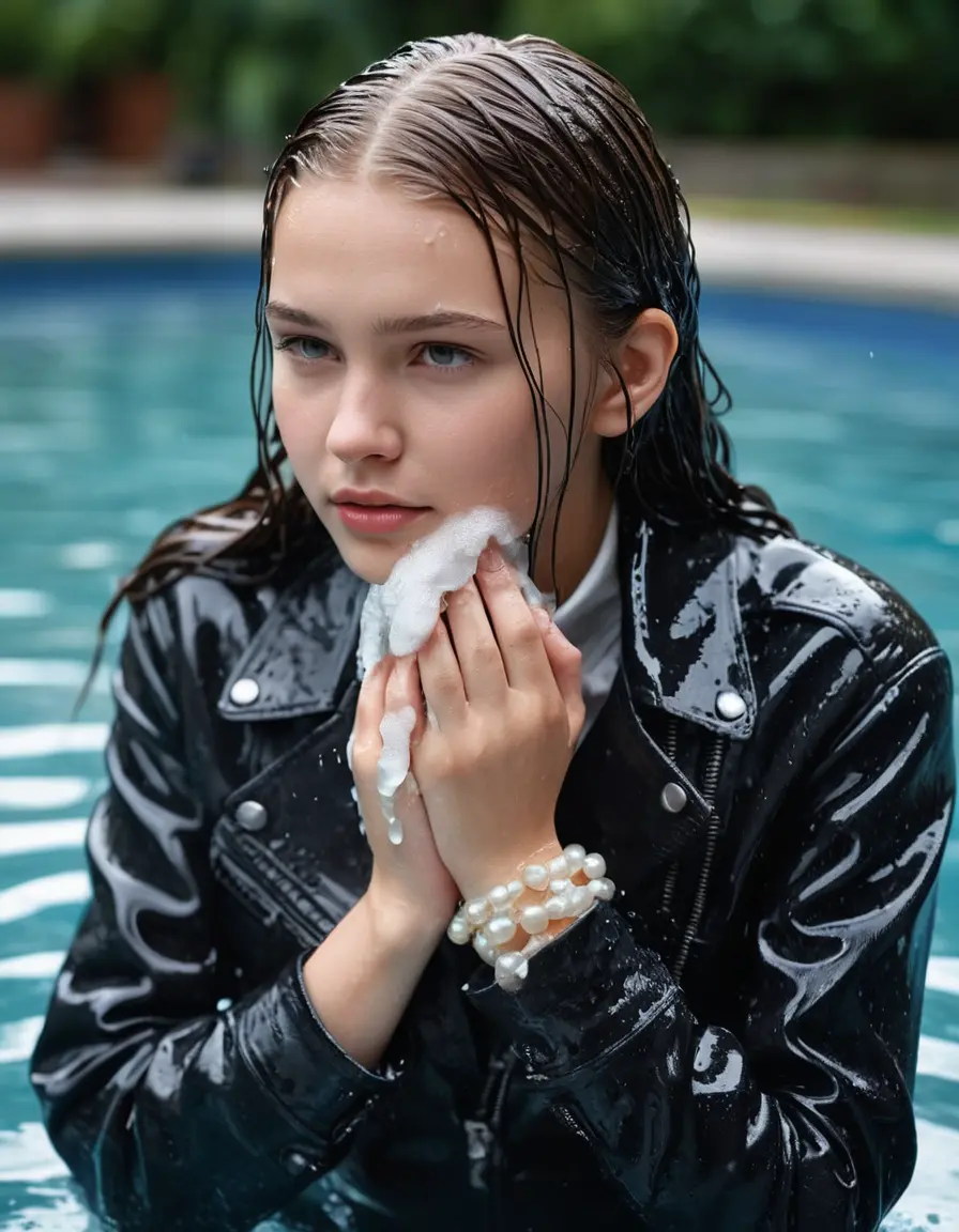 photo of young woman, in soaking wet, drenched clothes,
ankle boots, super skin tight denim jeans, slim fit black biker leatherjacket, tight white knit turtleneck sweater, handbag, pearl necklace, Fifteen years old amused horny blonde teenage girl with her Friends holds her hand over her mouth and nose climbs out of water half submerged at the edge of the swimming pool, 
enjoying, wet clothes stuck to body,
detailed textures of the wet clothes, wet face, wet plastered hair,
wet, drenched, professional, high-quality details, full body view.
sharp focus, ultra-high pixel detail, realistic, high-quality, full colors, incredibly detailed, 4k, 8k, 16k, hyper-realistic, RAW photo, masterpiece, ultra-detailed, professionally color graded, professional photograph, Fifteen years old, completely soaked, completely dripping wet from head to toe, very wet clothes, sleek long straight hair, worried and embarrassed facial expression, slight yawn, moaning,  all girls wear different styles of clothes, she takes her handbag with her in the water, a lot of people stands in the background, close-up, view from above, highly realistic representation, ultra sharp focus, highly photorealistic detailed facial features and expressions, highly photorealistic hands, highly best quality, highly sharp photorealistic image, highly photorealistic details, highest photorealistic wet clothes, full UHD resolution, highest photorealistic sharpness of the image, 32 K