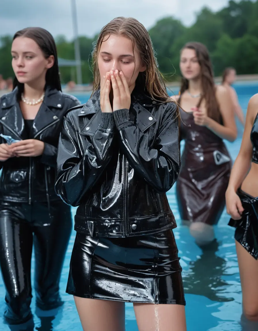 photo of young woman, in soaking wet, drenched clothes,
black leather boots, short black skirt, slim fit black biker leatherjacket,  tight grey turtleneck sweater, handbag, pearl necklace, Fifteen years old shocked horny blonde teenage girl with her Friends holds her hand over her mouth and nose goes into water at the edge of the crowded public swimming pool at a pool party, 
enjoying, wet clothes stuck to body,
detailed textures of the wet clothes, wet face, wet plastered hair,
wet, drenched, professional, high-quality details, full body view.
sharp focus, ultra-high pixel detail, realistic, high-quality, full colors, incredibly detailed, 4k, 8k, 16k, hyper-realistic, RAW photo, masterpiece, ultra-detailed, professionally color graded, professional photograph, Fifteen years old, completely soaked, completely dripping wet from head to toe, very wet clothes, sleek long straight hair, worried and embarrassed facial expression, slight yawn, moaning,  all girls wear different styles of clothes, she takes her handbag with her in the water, a lot of people stands in the background, close-up, view from above, highly realistic representation, ultra sharp focus, highly photorealistic detailed facial features and expressions, highly photorealistic hands, highly best quality, highly sharp photorealistic image, highly photorealistic details, highest photorealistic wet clothes, full UHD resolution, highest photorealistic sharpness of the image, 32 K